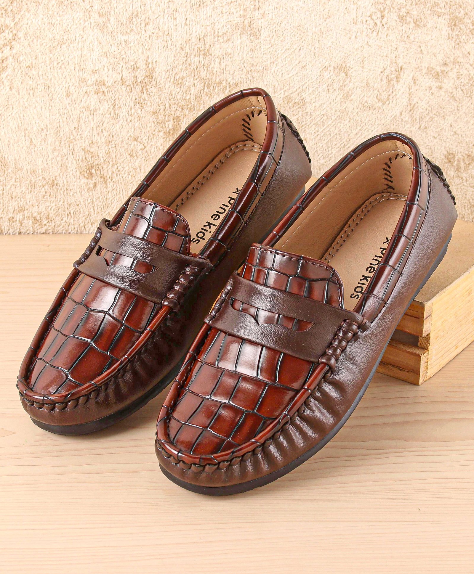 Pine Kids Slip On Party Wear Loafers with Crocodile Texture Design - Brown