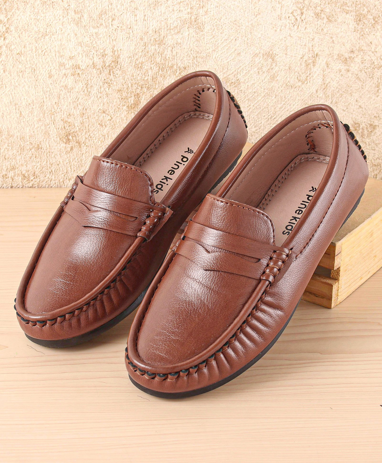 Pine Kids Slip On Solid Colour Loafers- Light Brown-picture-18
