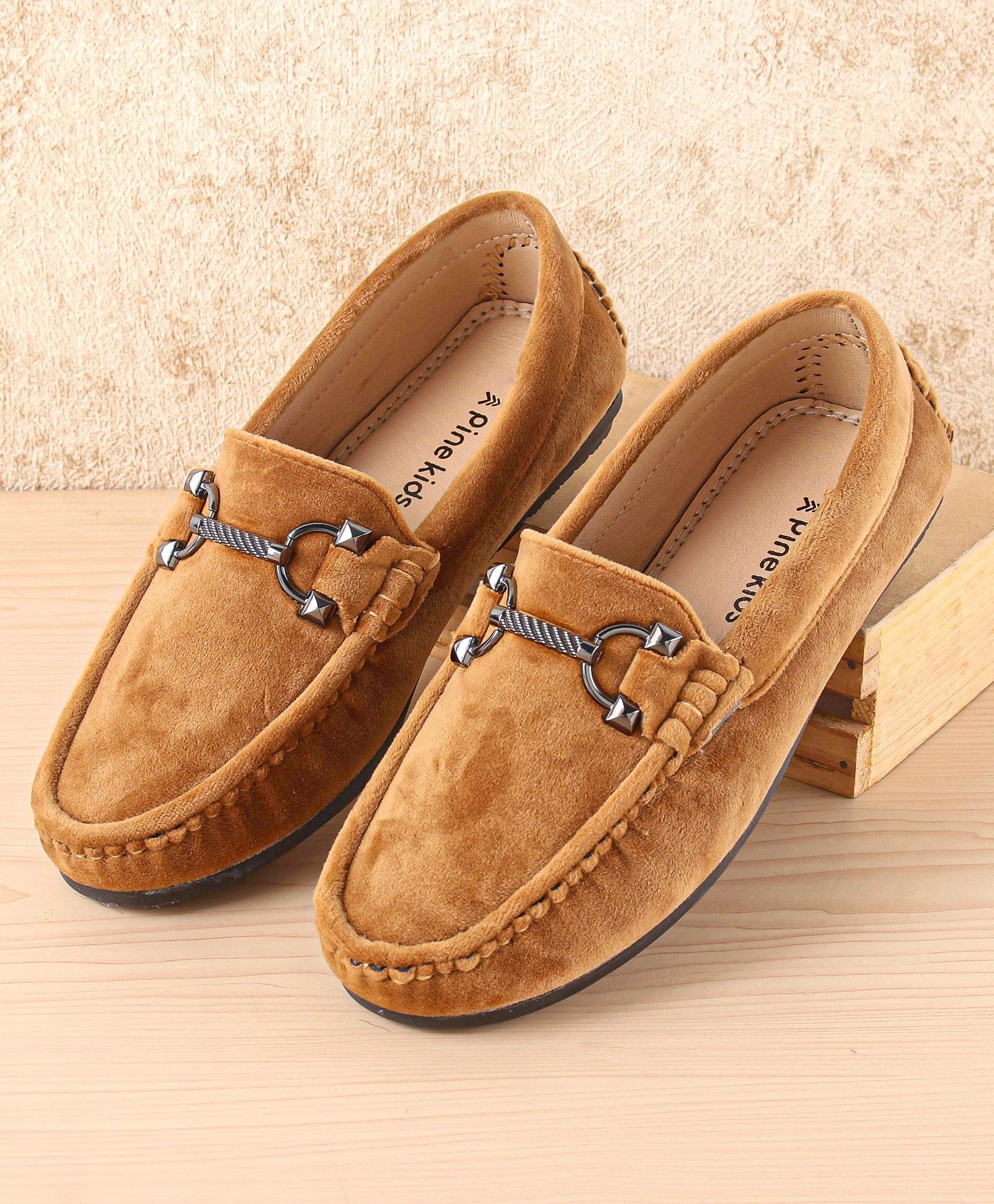 Pine Kids Slip On Party Wear Shoes with Applique - Tan
