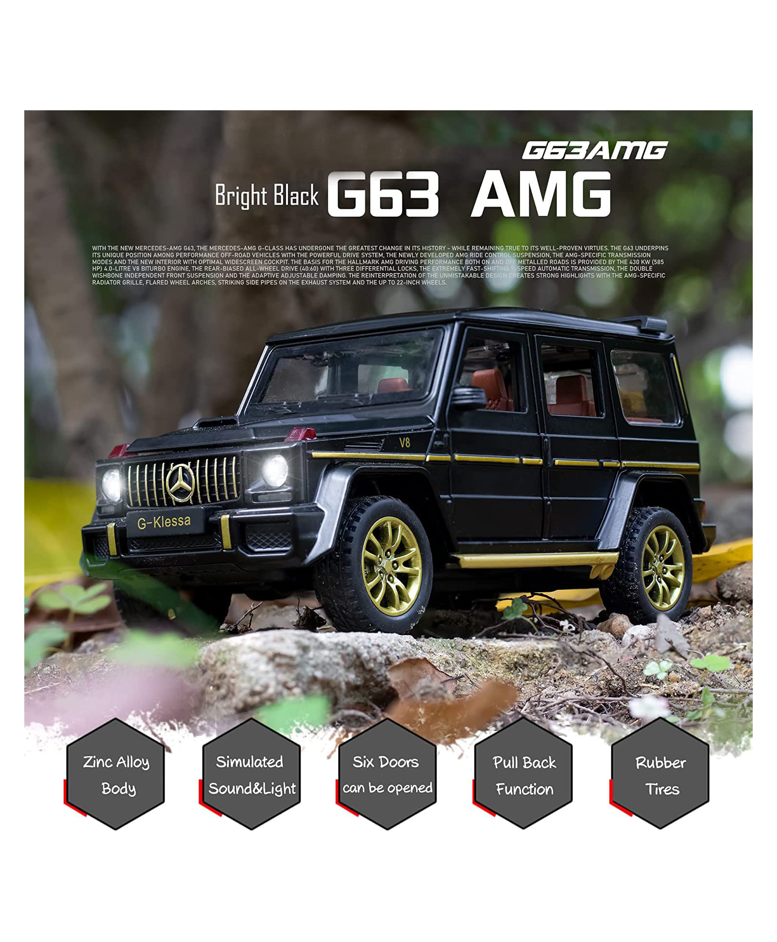 Magicwand Die-Cast Metal 1:24 Scale AMG-G65 with 6 Openable Doors,Music,Lights & Pull Back Action-picture-43