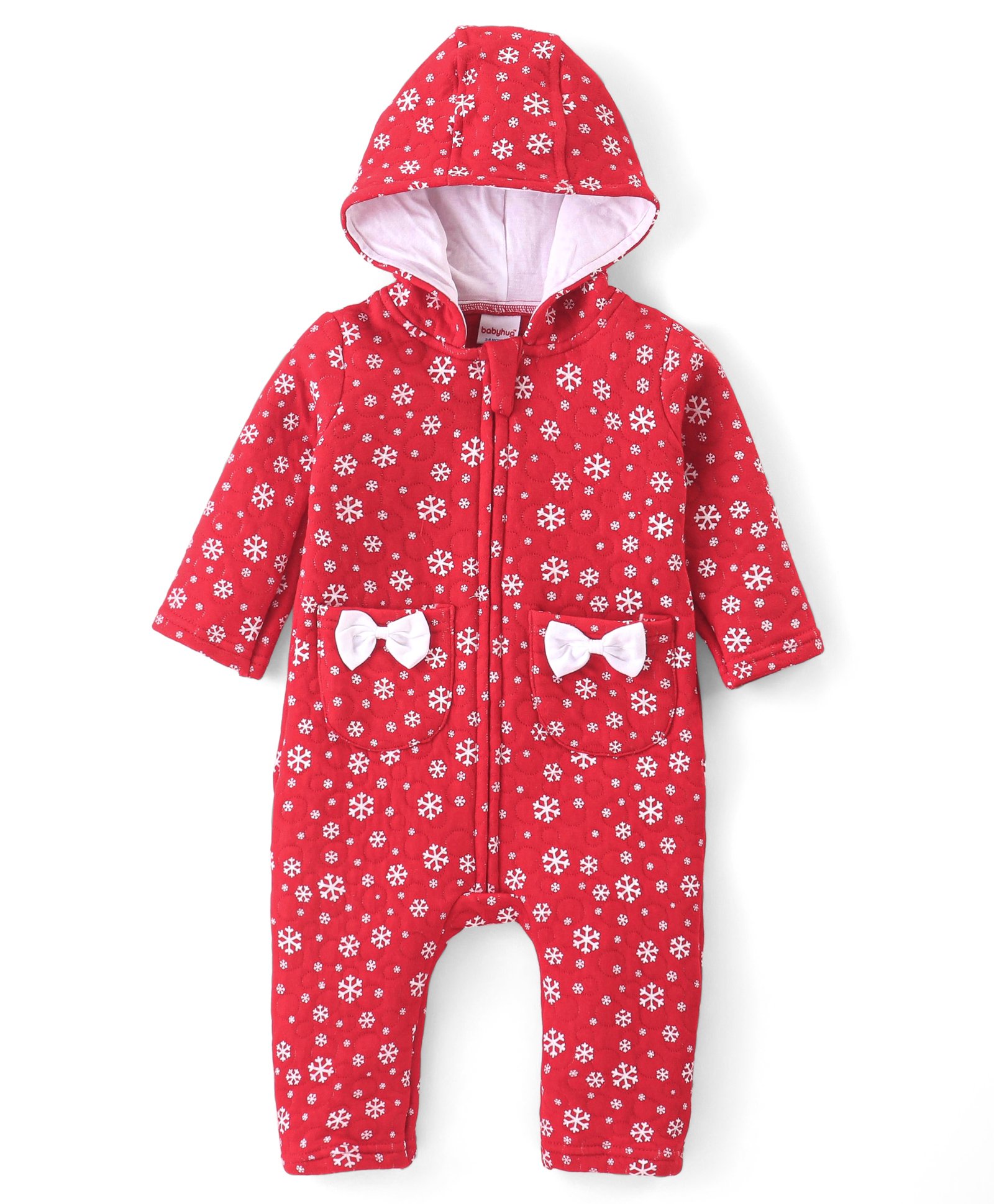 Babyhug Winter Polyfill Full Sleeves Hooded Romper with Intarsia Print & Bow Applique - Red-image-22