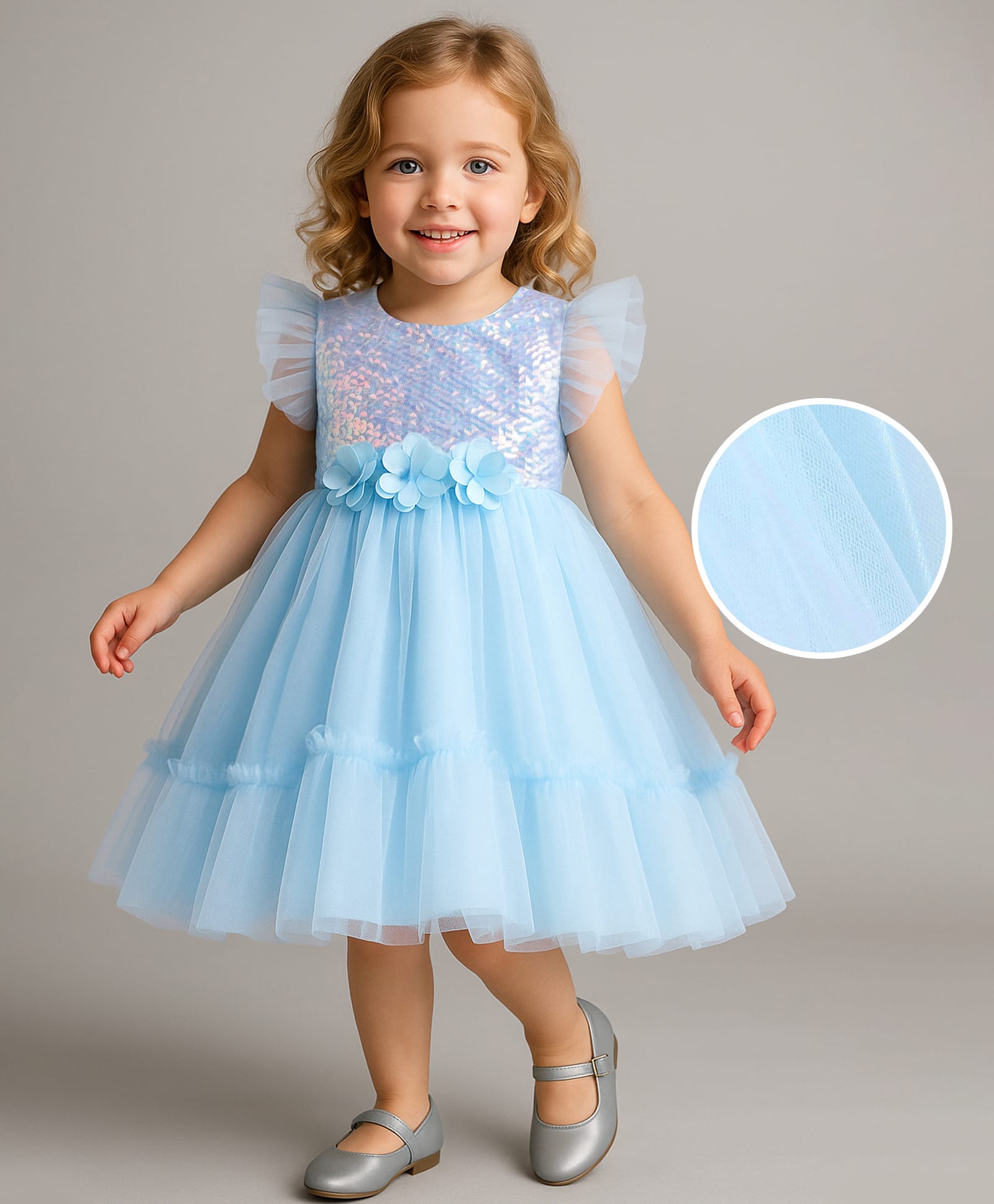Babyhug Woven Ruffles at Sleeves Sequined Yoke Mesh Tiered Party Frock with Floral Applique - Light Blue-image-23