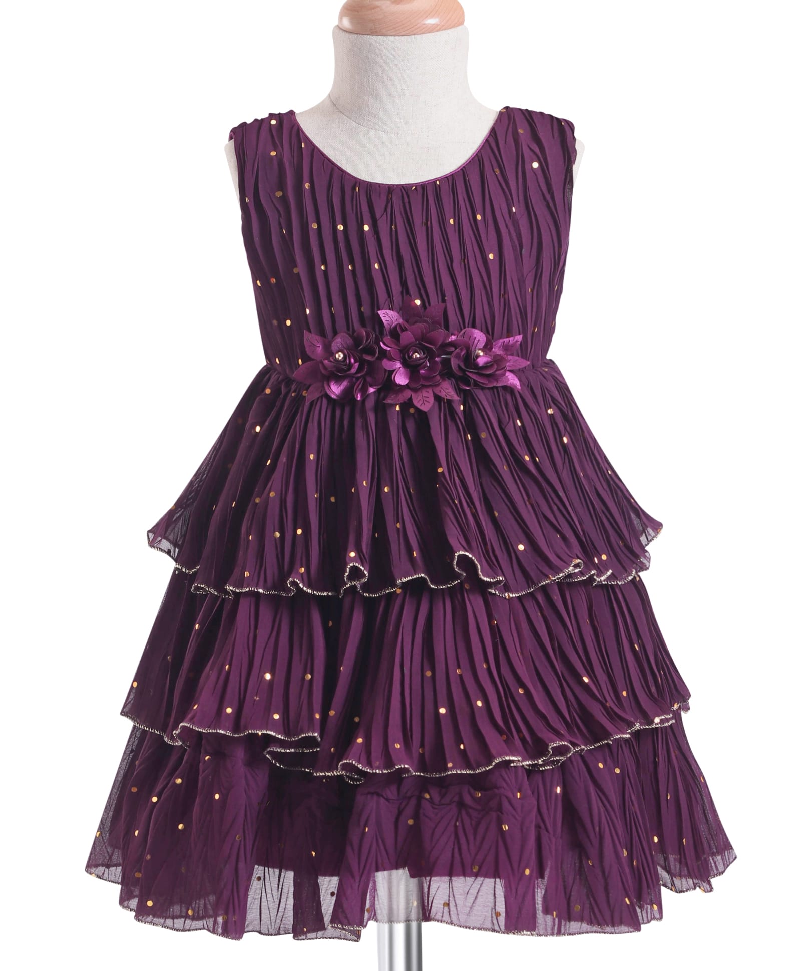 Babyhug Sleeveless Layered Party Frock with Foil Print & Floral Applique - Wine-image-37