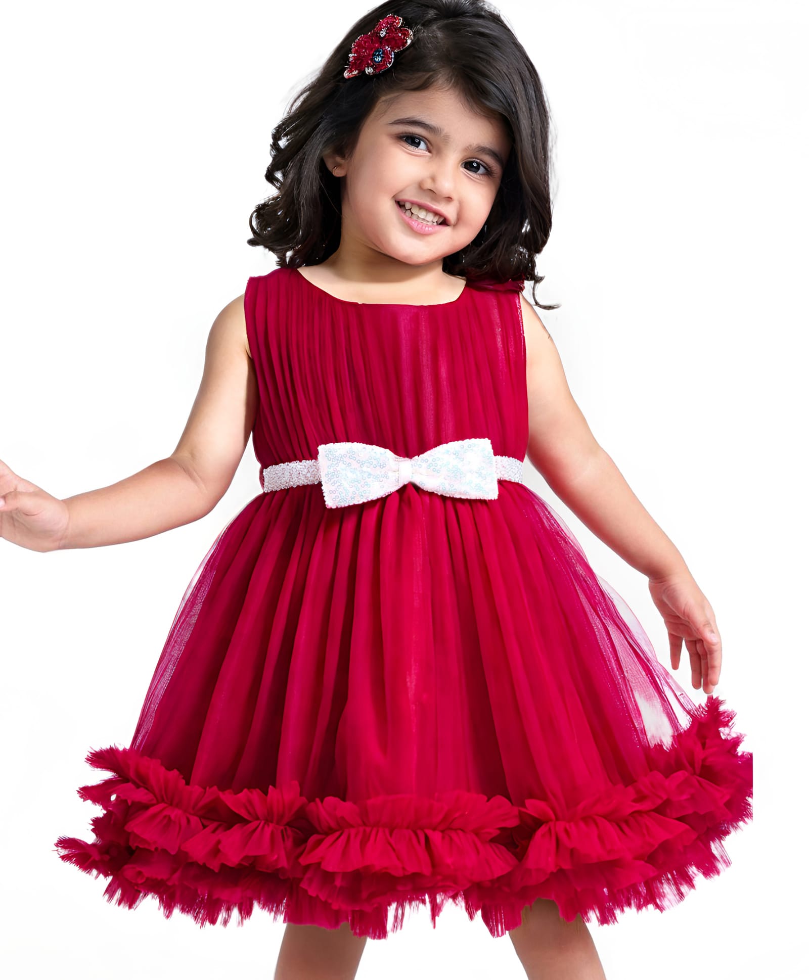Babyhug Woven Sleeveless Mesh Party Frock with Sequined Bow Applique with Frill Detailing - Red-image-49