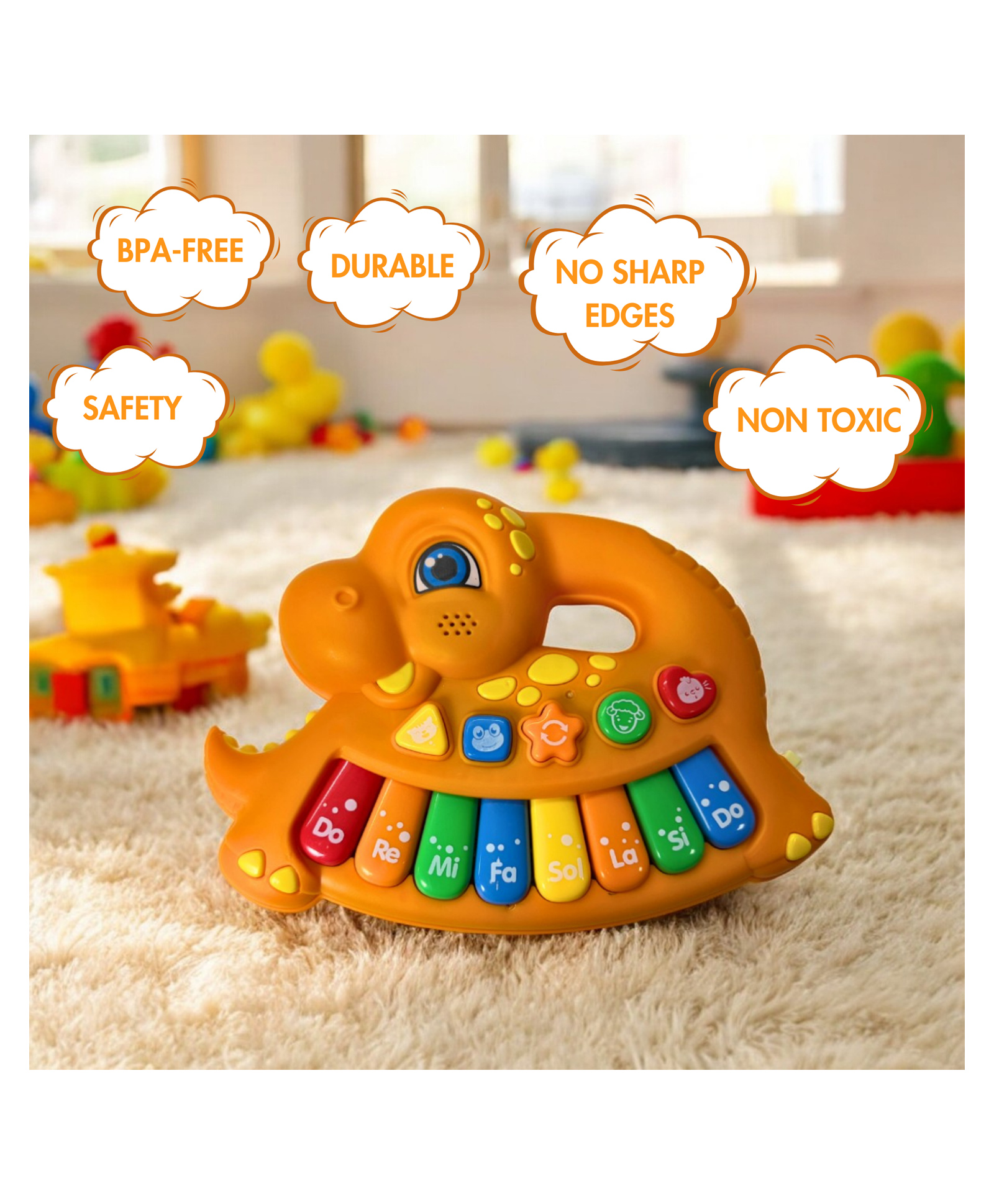 Planet of Toys Cartoon Dinosaur Baby Musical Learning Keyboard - Fun & Educational Musical Keyboard Toy for Toddlers - Colorful Lights & Sounds - Stimulates Creativity & Early Learning Skills - Orange-picture-36
