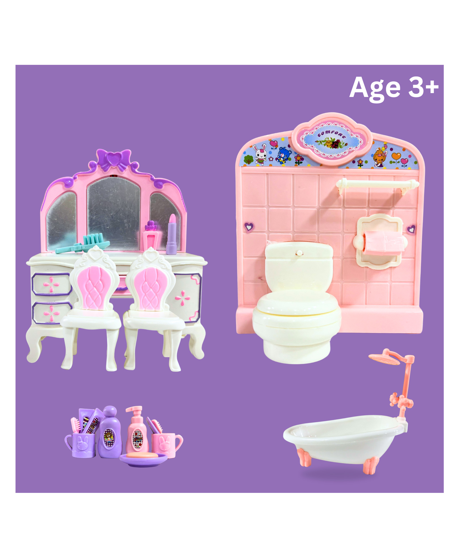 Planet of Toys Play House Set - Chair, Bathing Tub, Showers, Toothbrush Set, Cream, Soap, and Dressing Table - Complete Pretend Play Set for Kids-picture-21