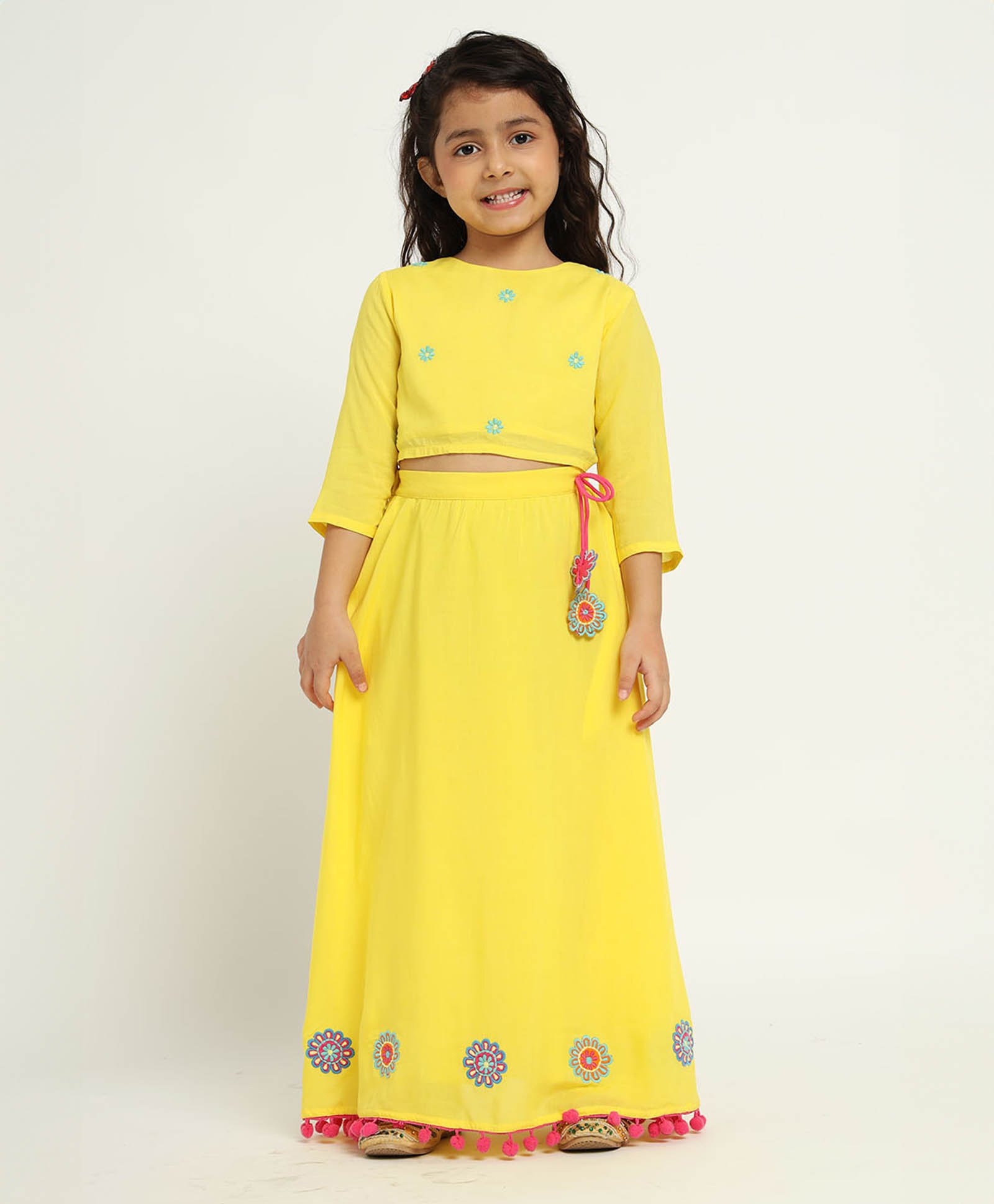 Somersault Cotton Three Fourth Sleeves Floral Embroidered Coordinating Lehenga & Choli Set - Yellow-image-33