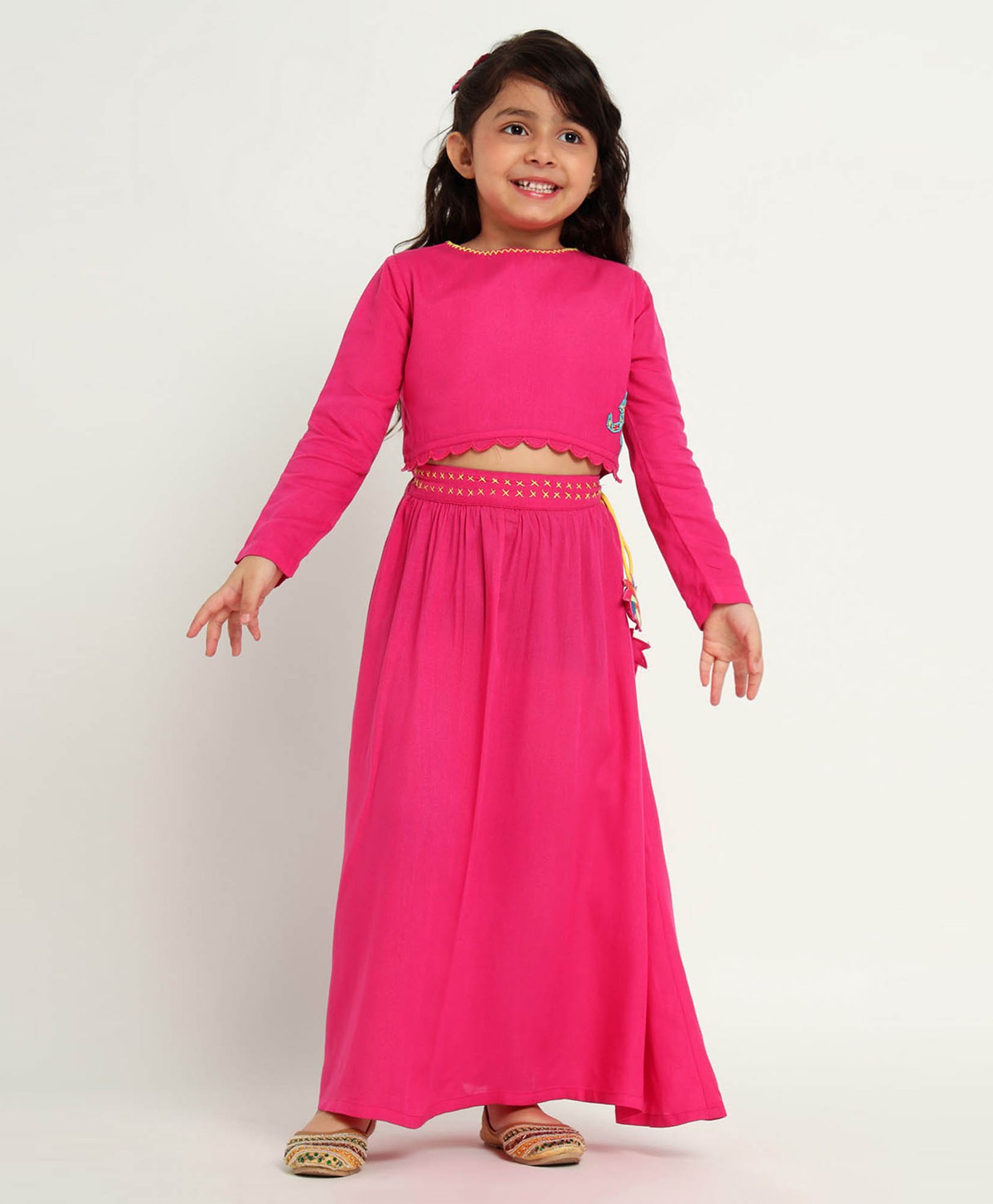 Somersault Cotton Full Sleeves Placement Elephant Embellished Top & Skirt Set - Pink-image-35