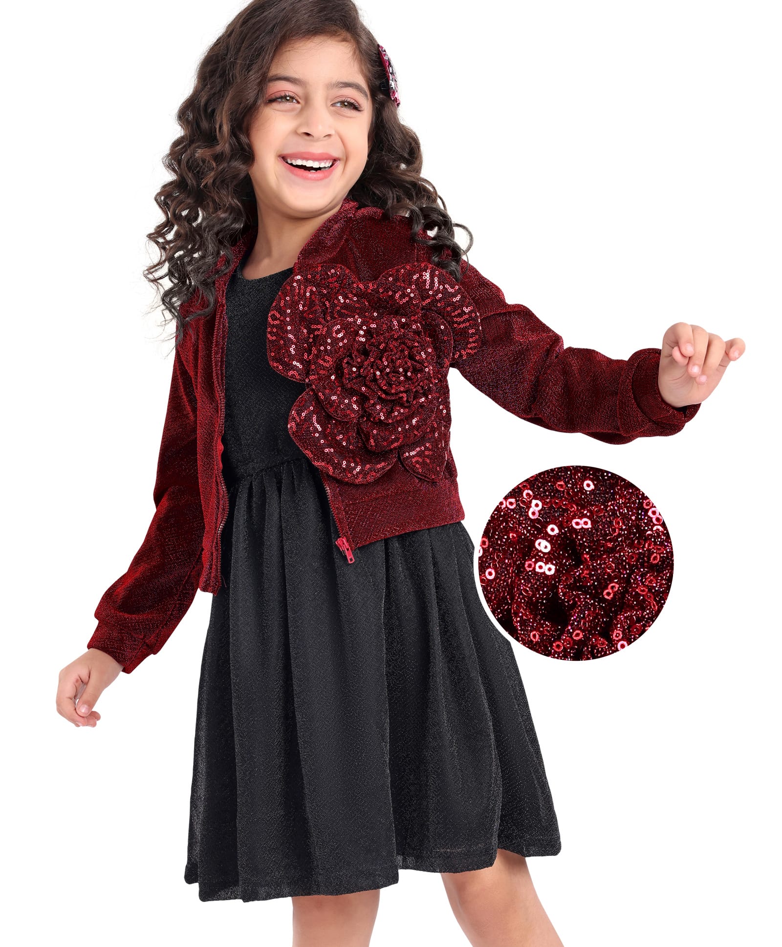 Hola Bonita Knit Full Sleeves Mandarin Collared Jacket with Floral Corsage & Knee Length Glitter Party Dress - Red-image-25
