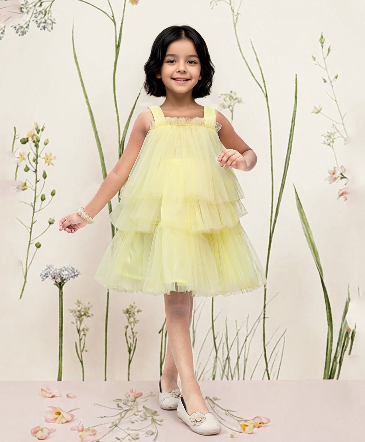 TOONYPORT Net Sleeveless Solid Layered Dress - Yellow-image-14
