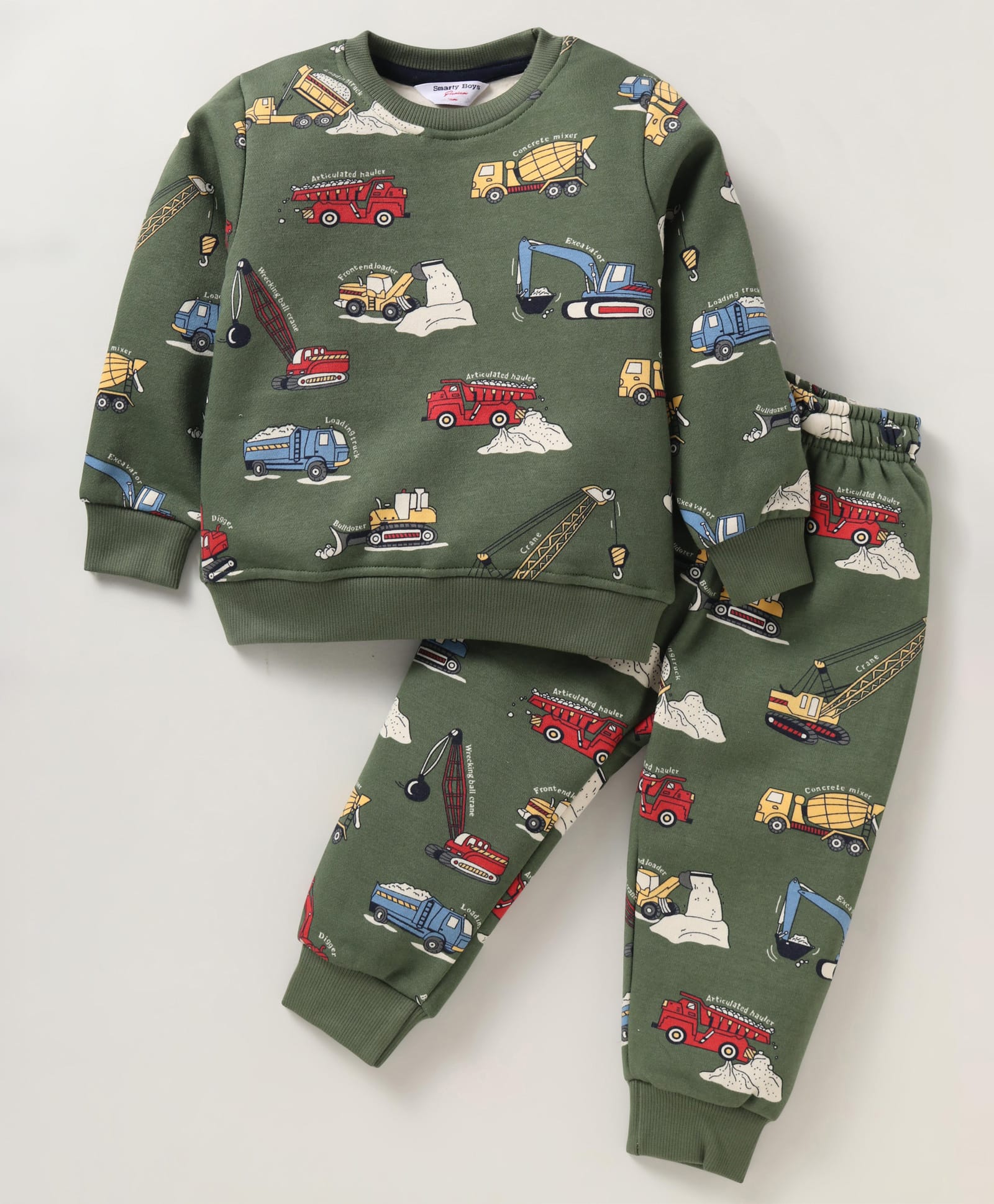 Smarty Boys Fleece Knit Full Sleeves Winter Wear T-Shirt & Lounge Pant Set With Vehicle Print - Olive Green-image-48