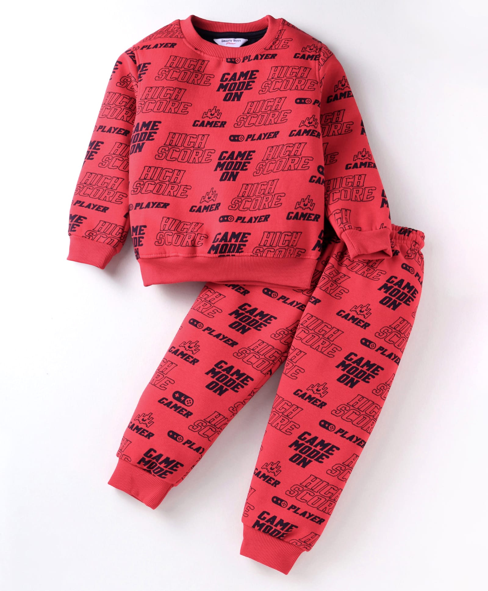 Smarty Boys Fleece Knit Full Sleeves Winter Night Suit with High Score Print - Red-image-29