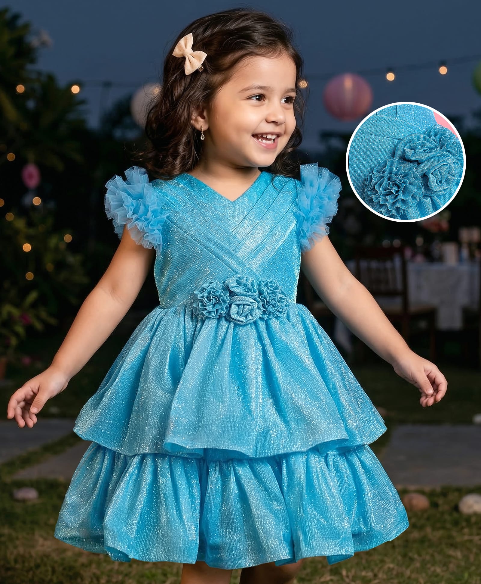 Babyhug Woven Half Ruffle On Sleeves Shimmered Layered Party Frock with Floral Applique & Pleats Detailing - Light Blue-image-13