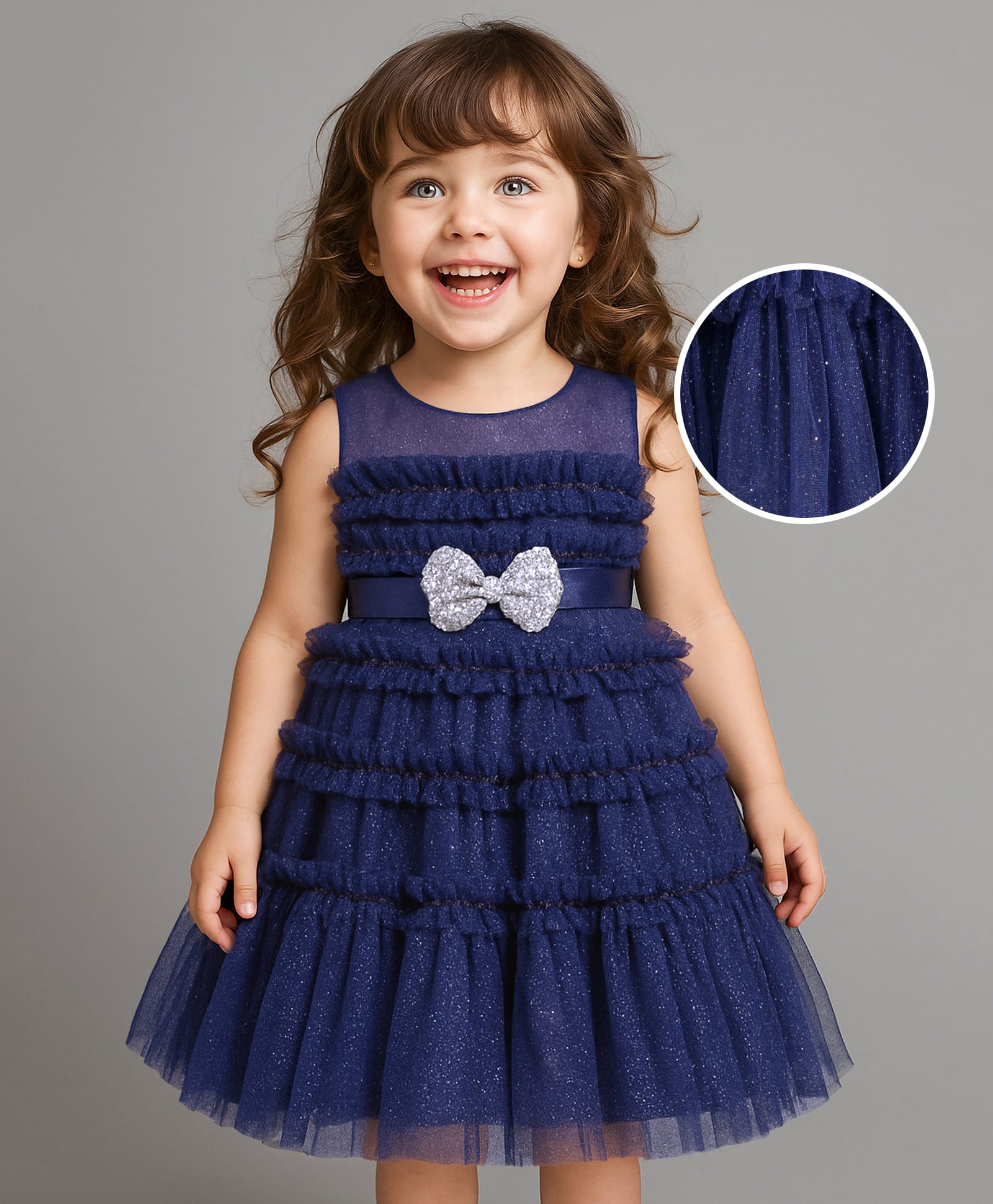 Babyhug Woven Sleeveless Fit & Flared Party Frock with Sequin Bow Applique & Frill Detailing - Navy Blue-picture-22
