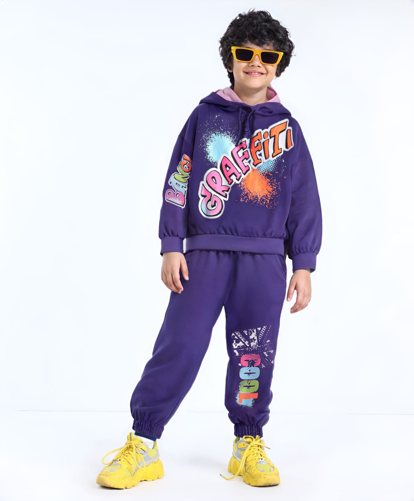 Ollington St. 100% Cotton Knit Full Sleeves Winter Wear Hooded Sweatshirt & Joggers Set with Text Print - Purple-picture-21