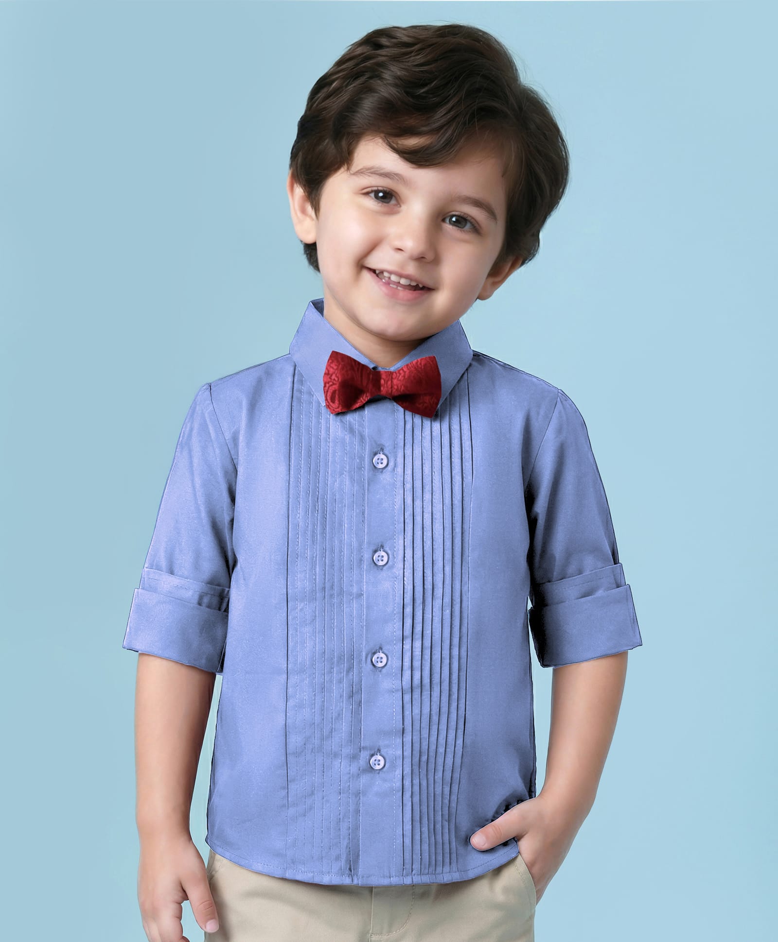 Babyhug Cotton Woven Full Sleeves Oxford Party Shirt with Bow - Blue-image-45