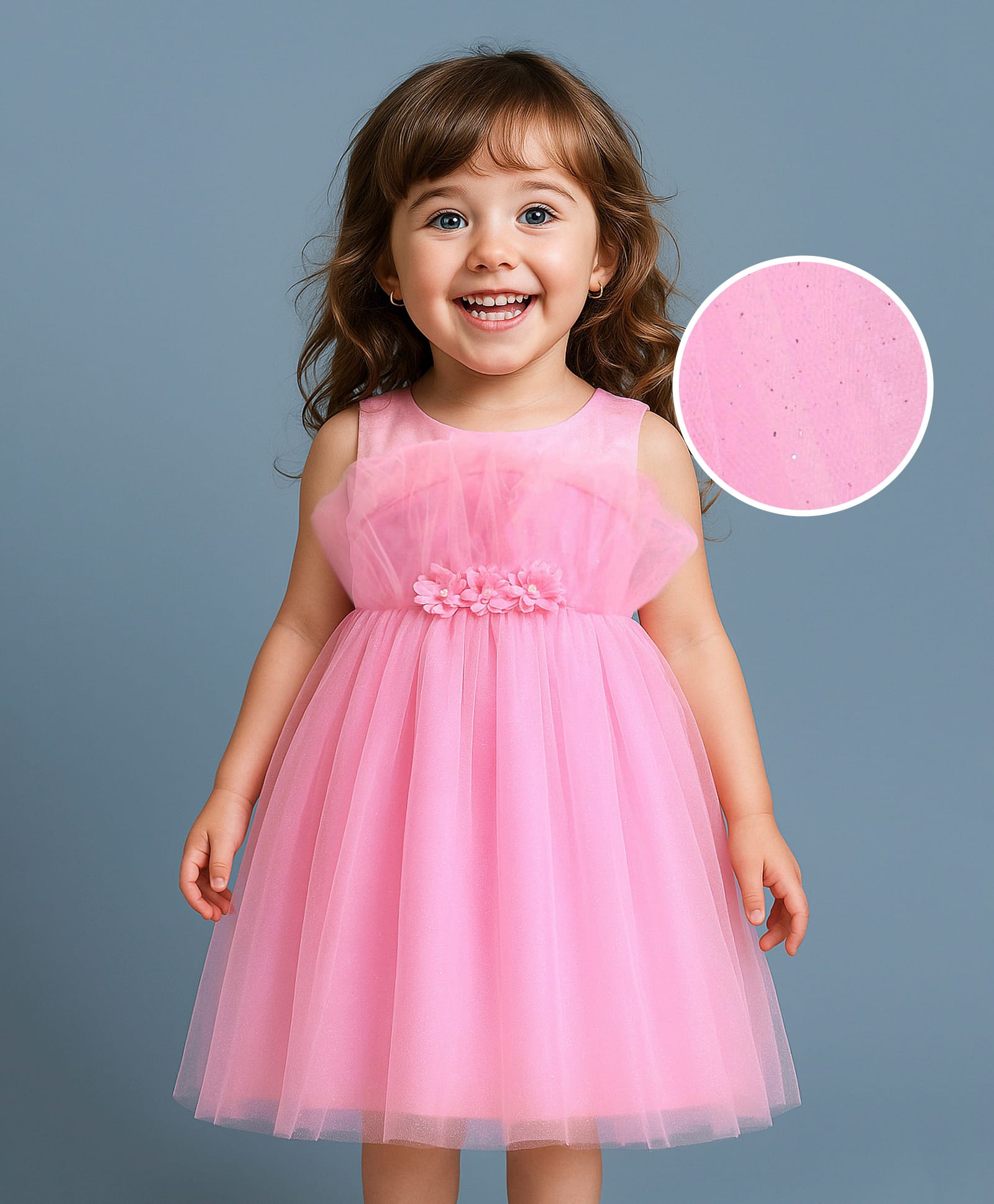 Babyhug Woven Sleeveless Mesh Shimmered Party Frock with Floral Corsage  - Pink-image-31