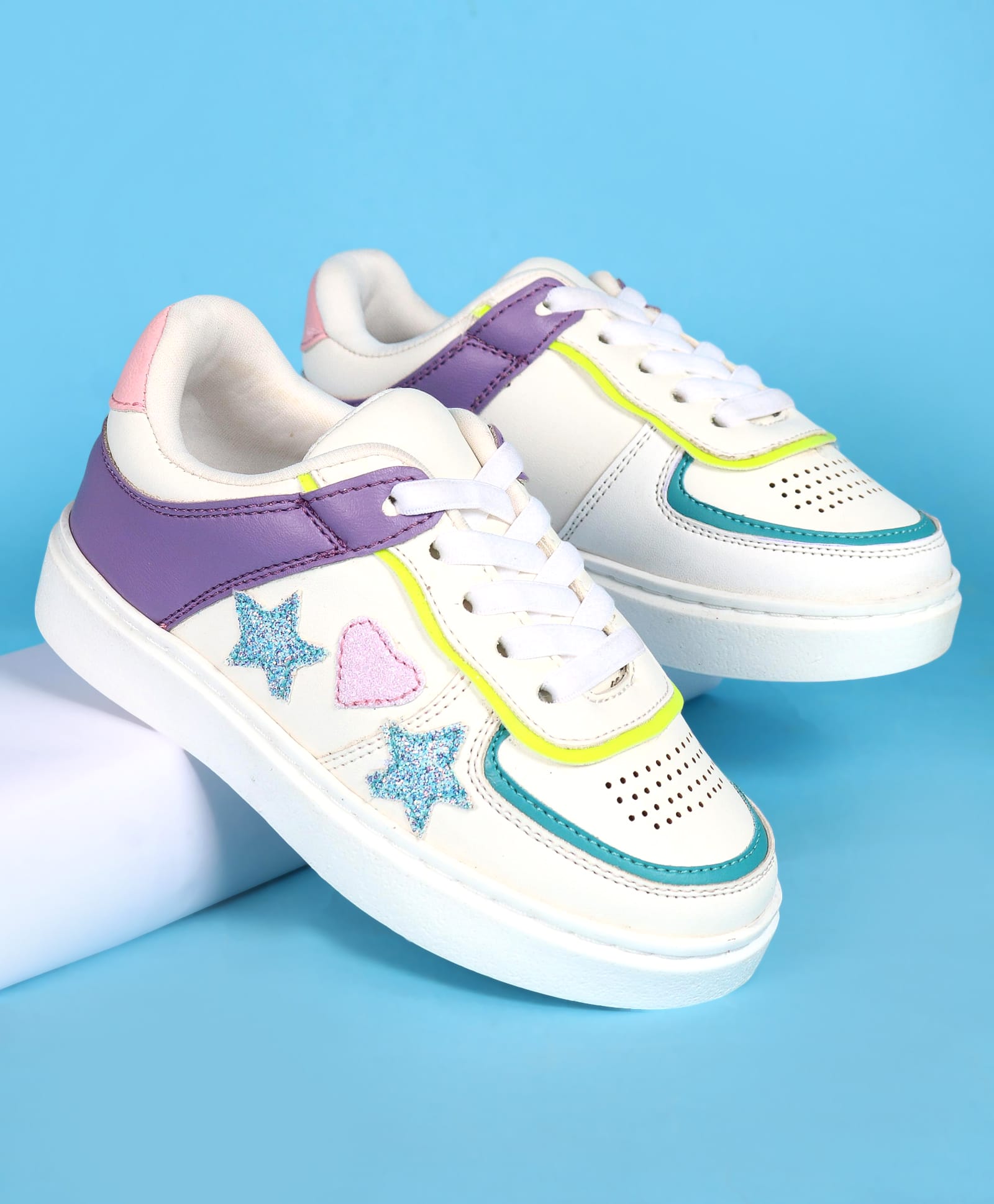 Pine Kids Laced UpClosure Casual Shoes with Star & Heart Patch - White & Purple-image-41