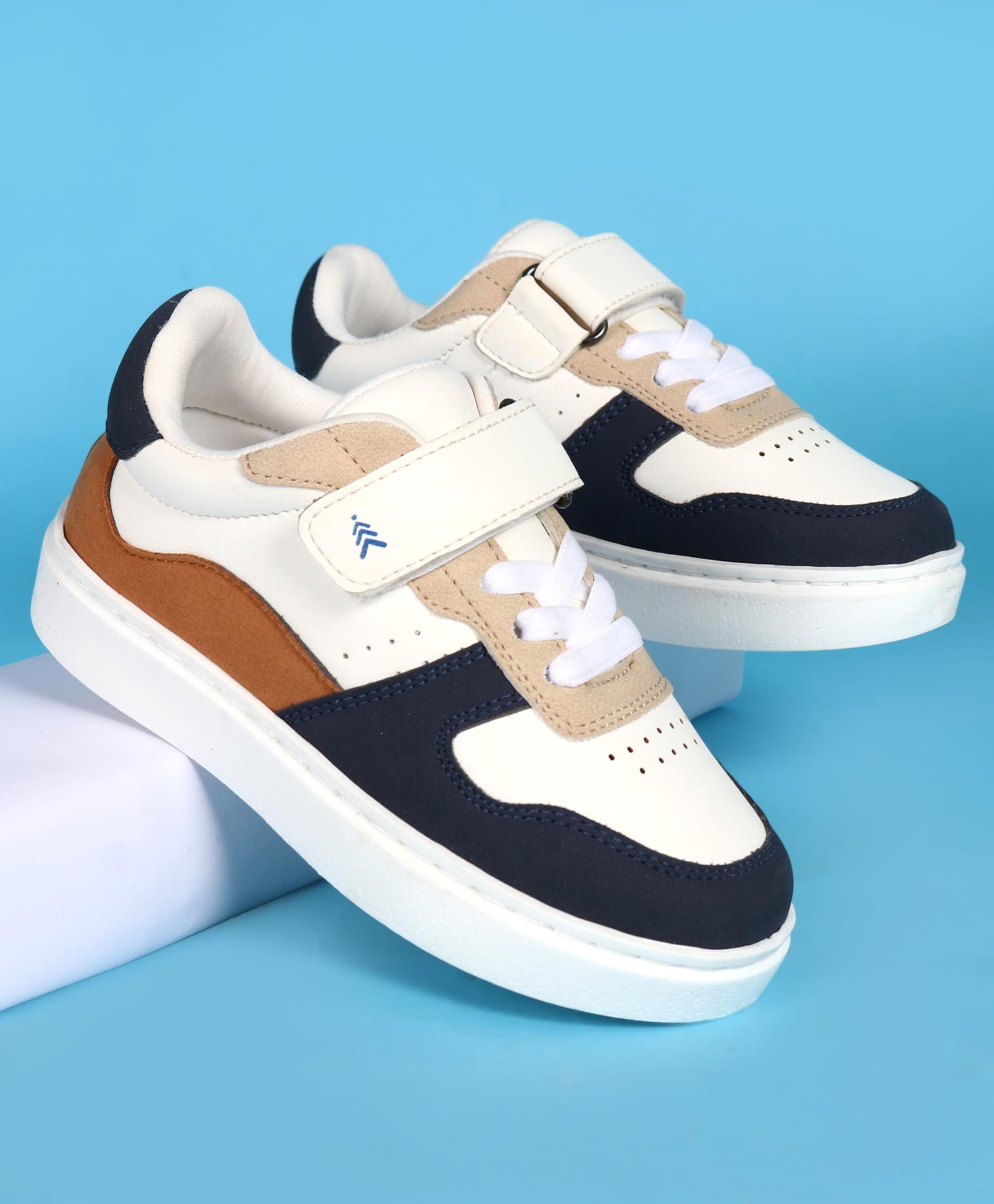 Pine Kids Velcro Closer Casual Shoes - White & Navy Blue-image-3