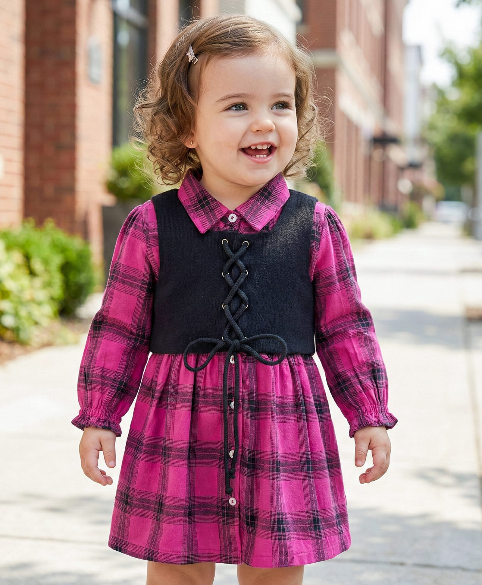 Babyoye Cotton Woven Full Sleeves Checkered Frock With Jacket - Fuchsia-image-24