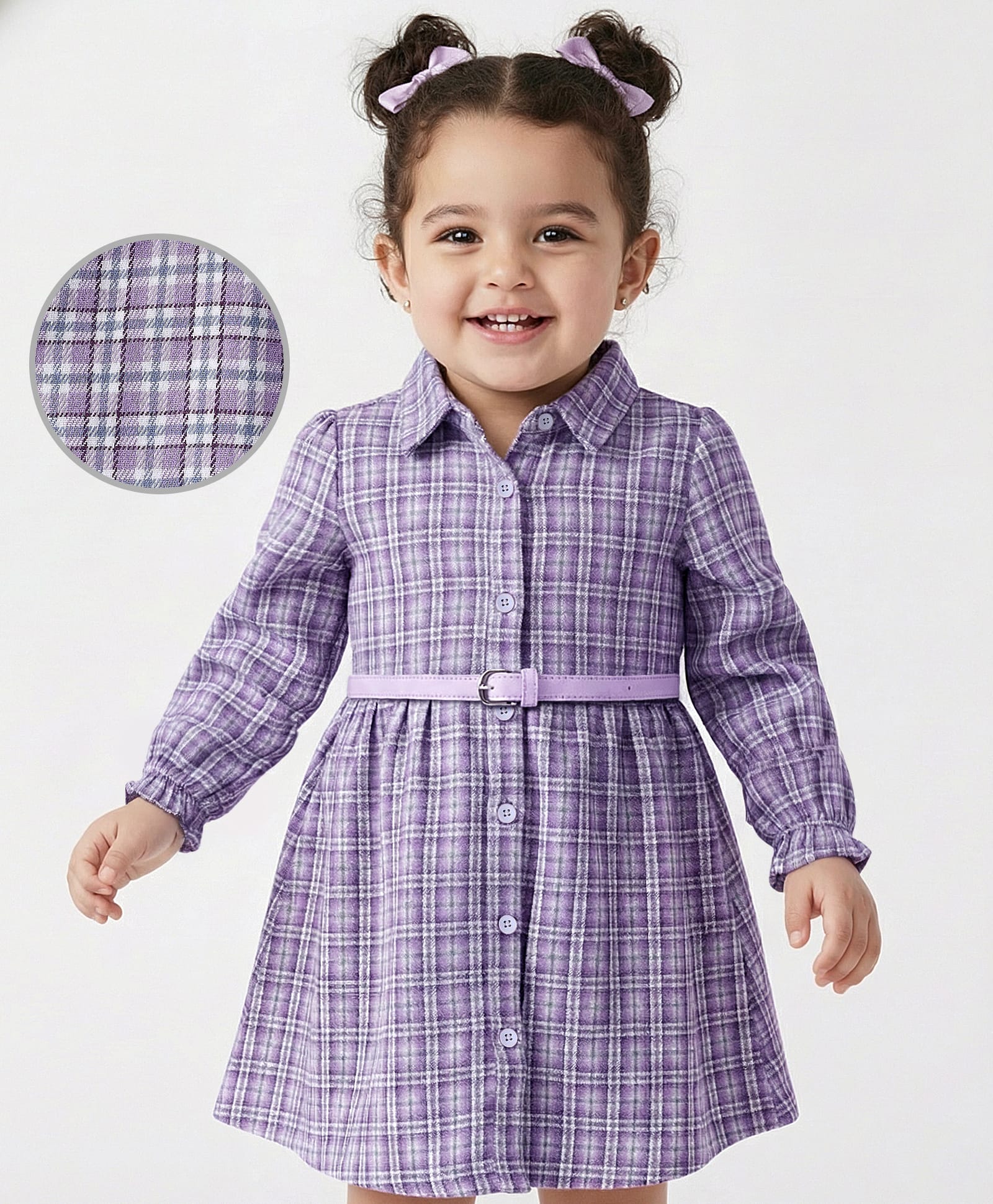 Babyoye Cotton Woven Full Peasant Sleeves Checkered Shirt Dress - Lilac-image-41