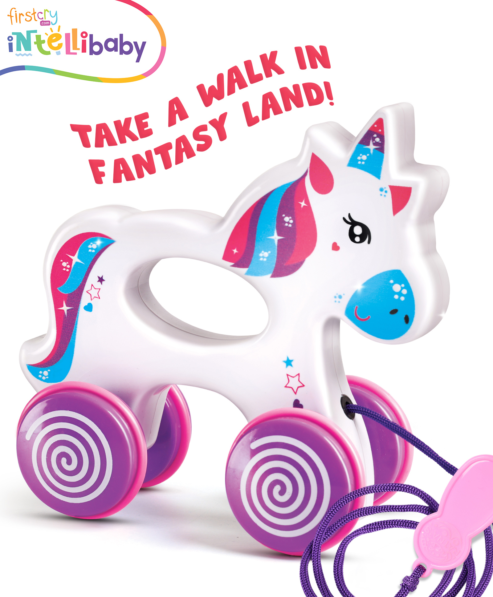 Intellibaby Premium Educational Colourful Pull Along Unicorn Toy for Early Walking and Interactive Play | Paediatrician Approved | BIS Certified - Multicolour