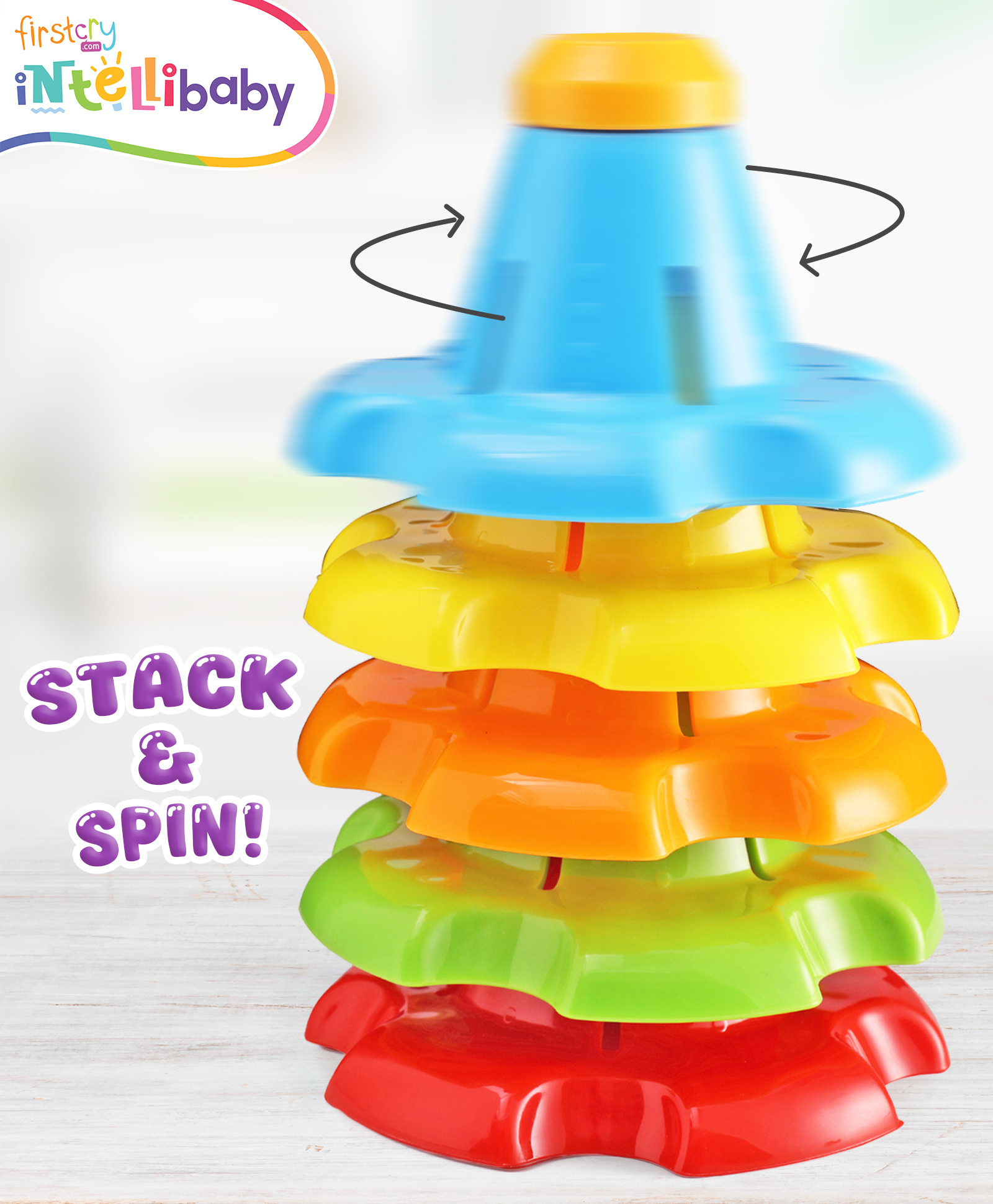 Intellibaby Multicoloured Rainbow Spin N' Stack Cones for Sorting & Stacking Play- MUlticolour