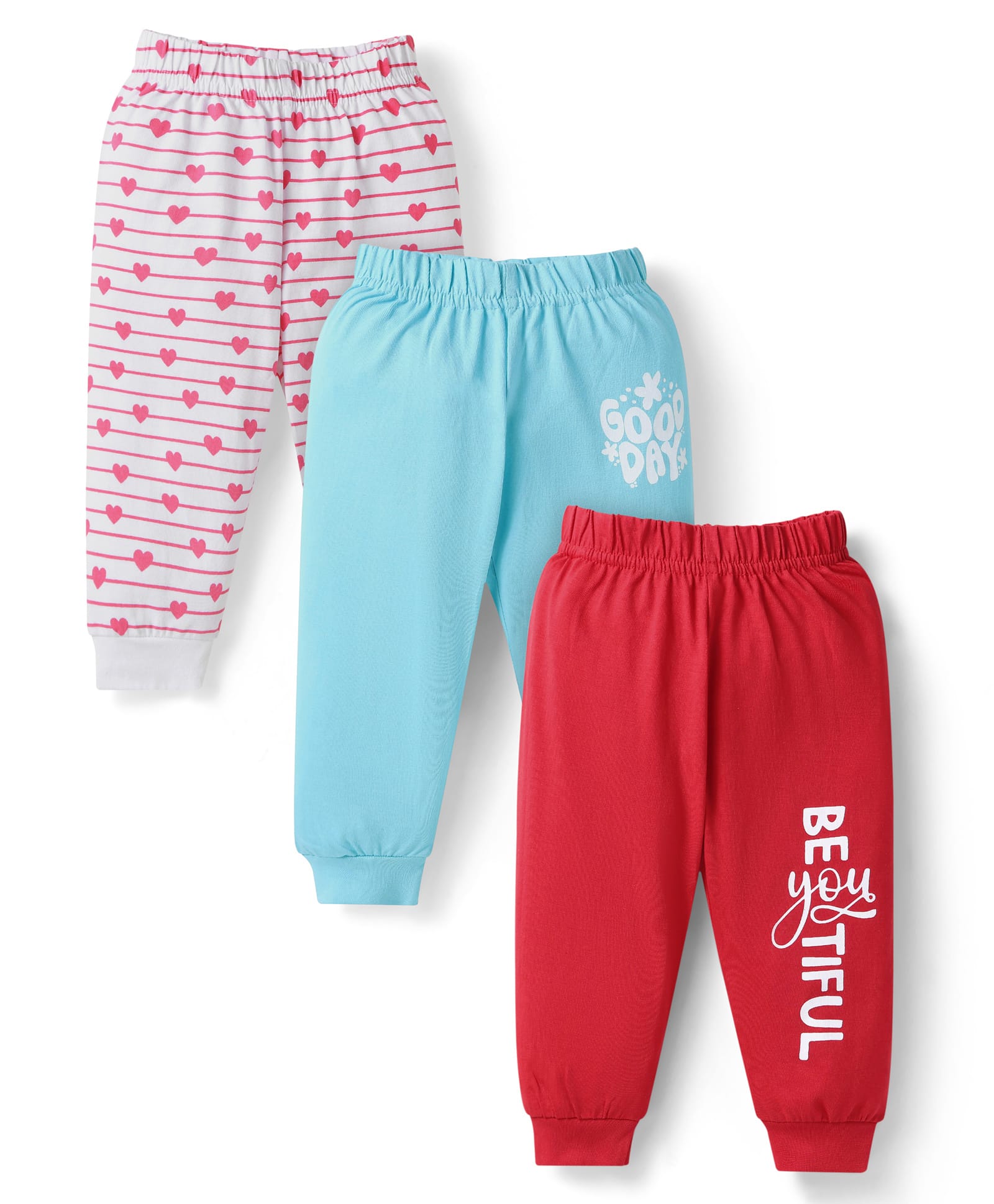 Doodle Poodle Single Jersey Knit Full Length Lounge Pants With Text & Hearts Print Pack Of 3 - Red Off White & Blue-picture-13
