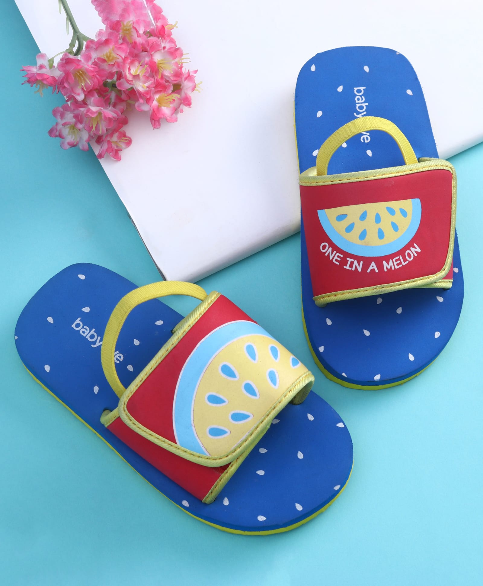 Babyoye Melon Printed Flip Flops with Back Strap -Blue & Red
