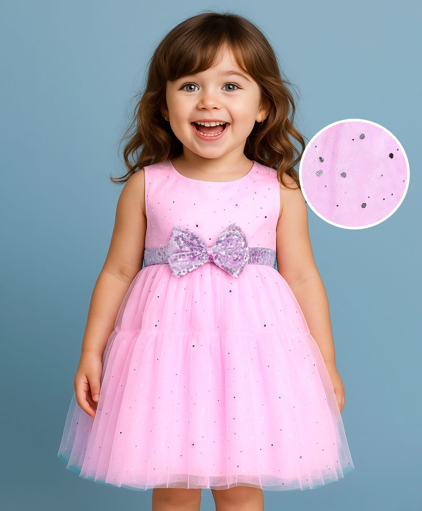 Babyhug Woven Sleeveless Foil Printed Fit & FlaredParty Frock with Bow Applique - Pink-image-27