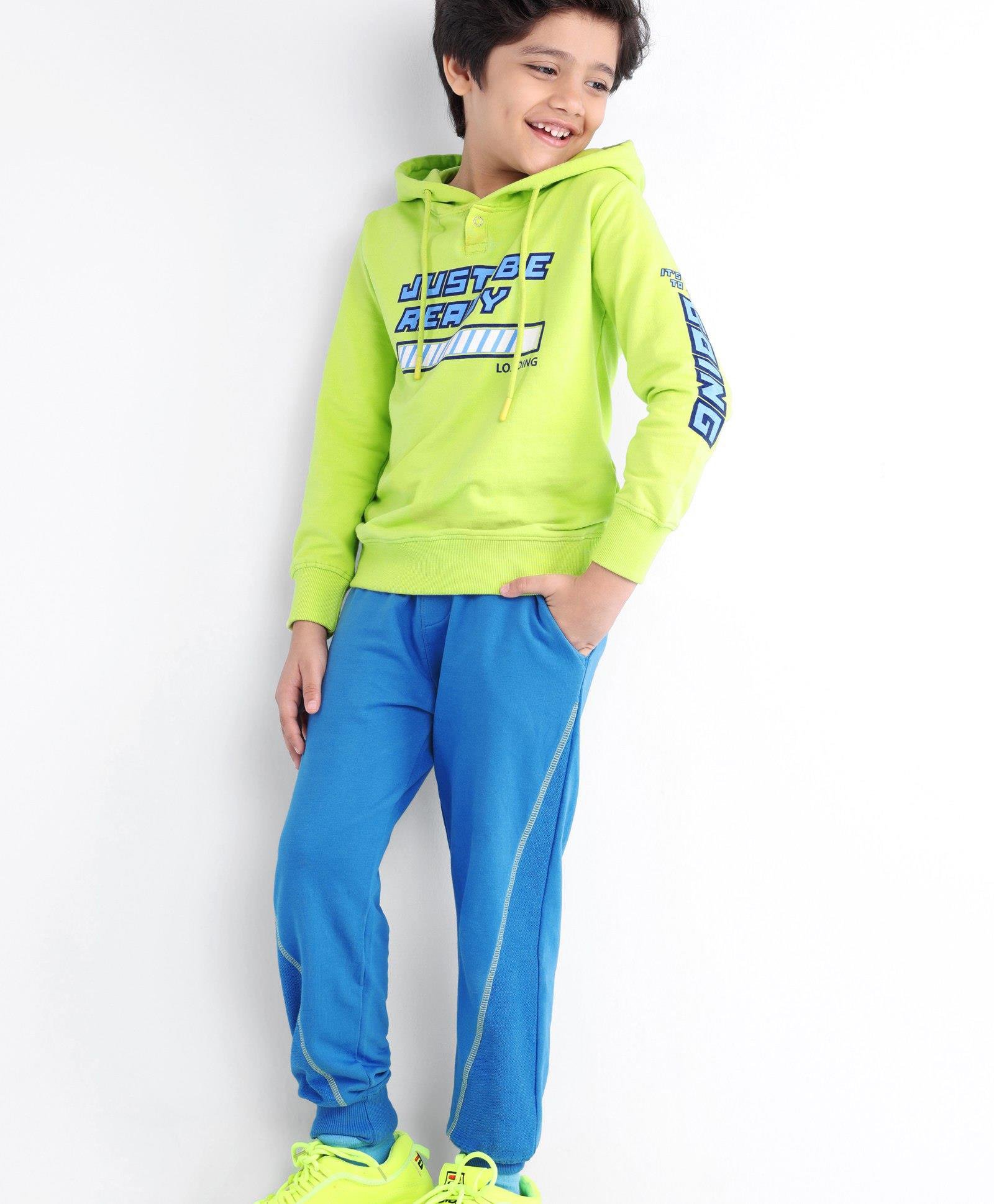 Ollington St. 100% Cotton Knit Full Sleeves Hooded Sweatshirt & Joggers Set With Text Print - Lime Green & Blue-image-32