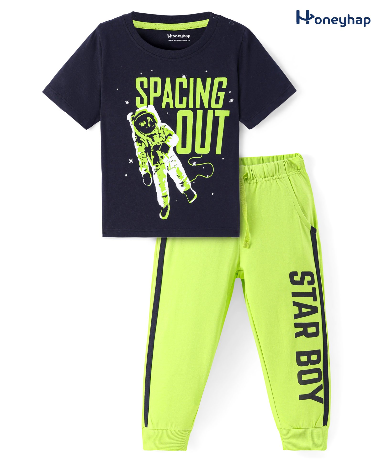 Honeyhap Premium  100% Cotton Half Sleeves Night Suit with Bio Wash Text & Space Print - Black & Green-image-37
