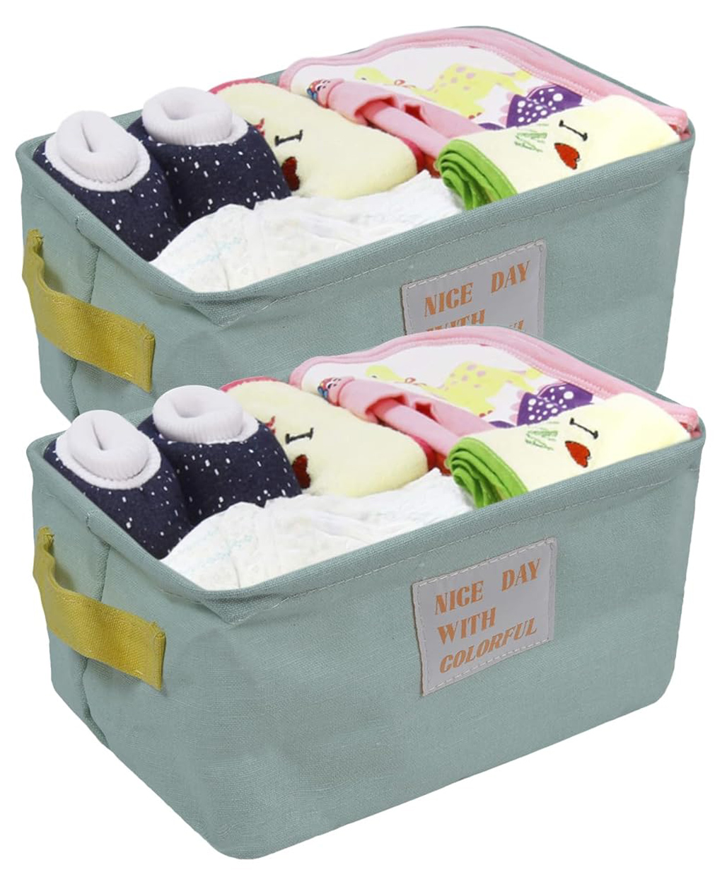 House of Quirk Stylish Storage Basket Cotton and Linen Fabric Mini Storage Cubes Nursery Storage Baskets with Handles for Shelves & Desks-Green Pack of 2-image-9