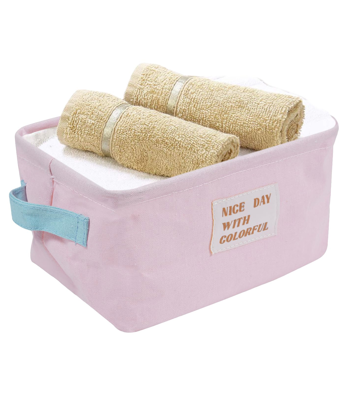 House of Quirk Stylish Storage Basket Cotton and Linen Fabric Mini Storage Cubes Nursery Storage Baskets  with Handles for Shelves & Desks-Pink-image-7