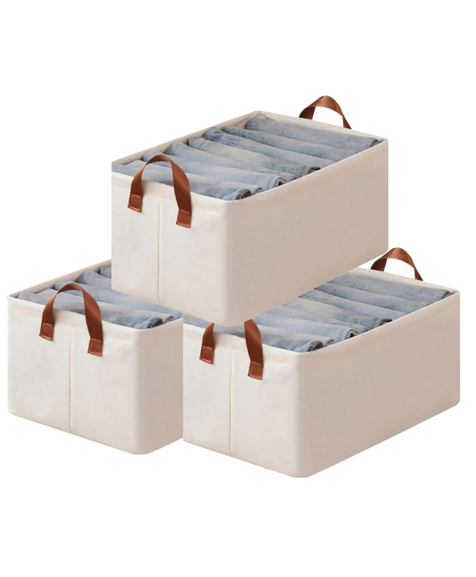 House of Quirk Durable Linen Closet Organizers and Foldable Storage Baskets, Rectangle Storage Boxes for Pants, Shirt, Sweaters, Bra Panty, Socks (Beige, Pack of 3)-image-26