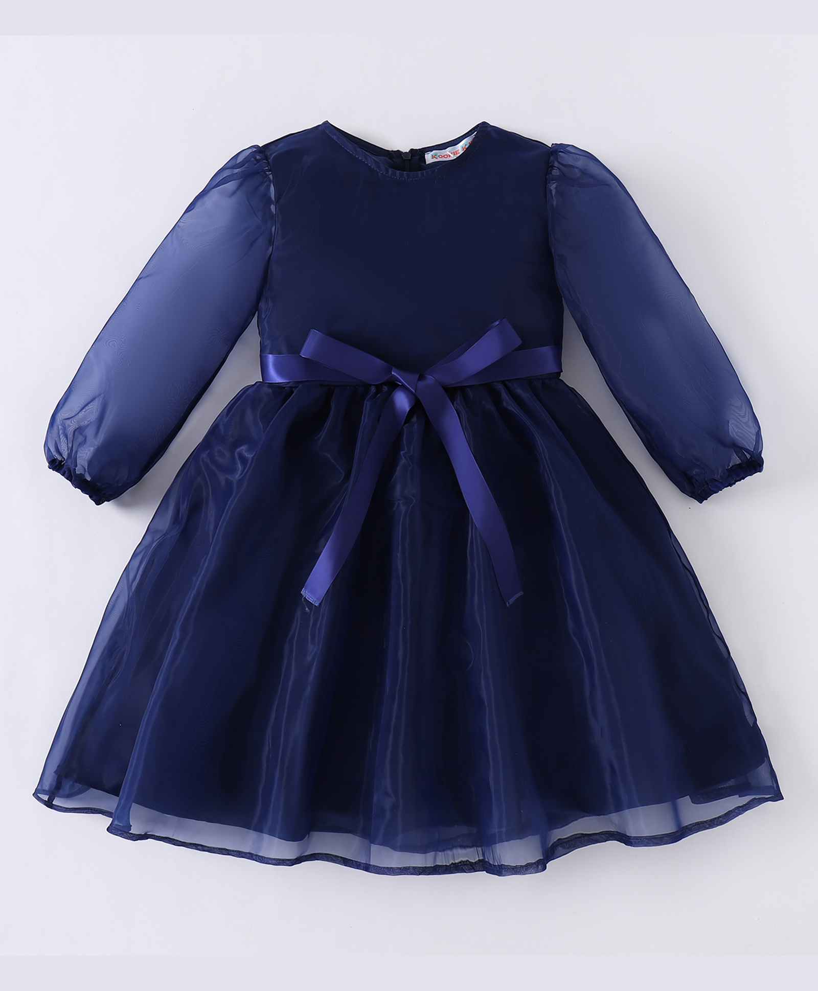 Kookie Kids Full Sleeves Party Frock with Bow Applique Solid Colour - Navy Blue-image-47