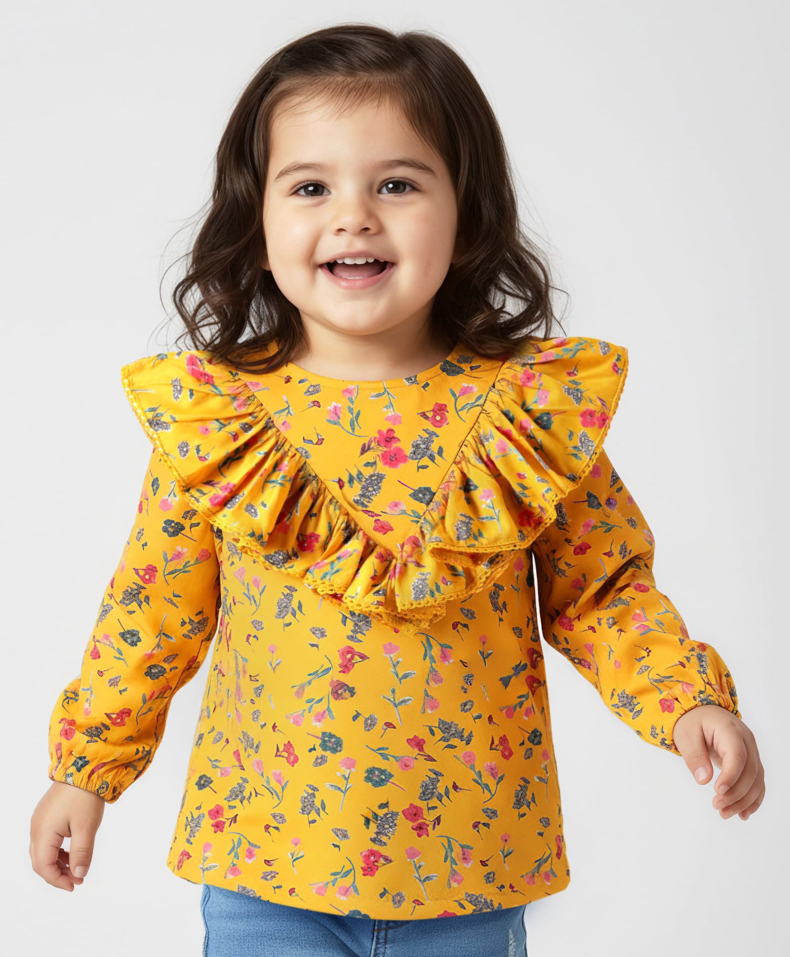 Babyhug Rayon Woven Full Sleeves Top with Floral Print & Frill Detailing - Yellow-picture-29