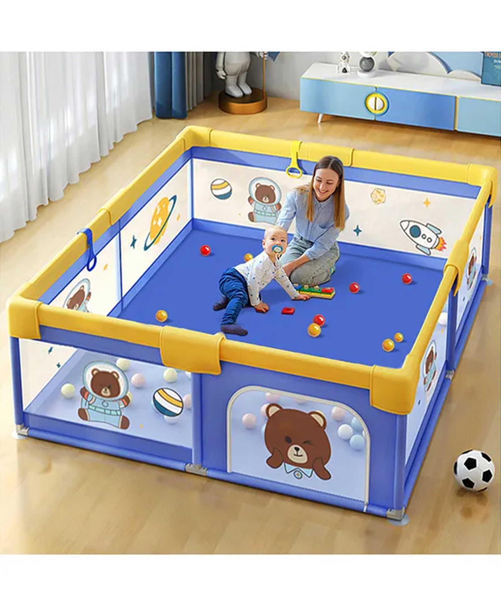 Teddy Printed Playpen - Blue & Yellow