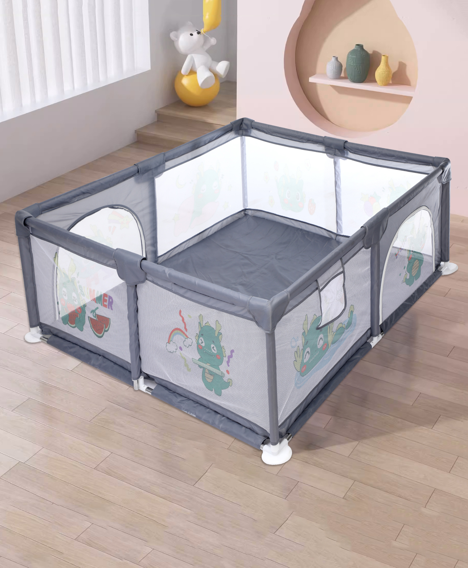 fab n funky Dino Printed Playpen - Grey-picture-10