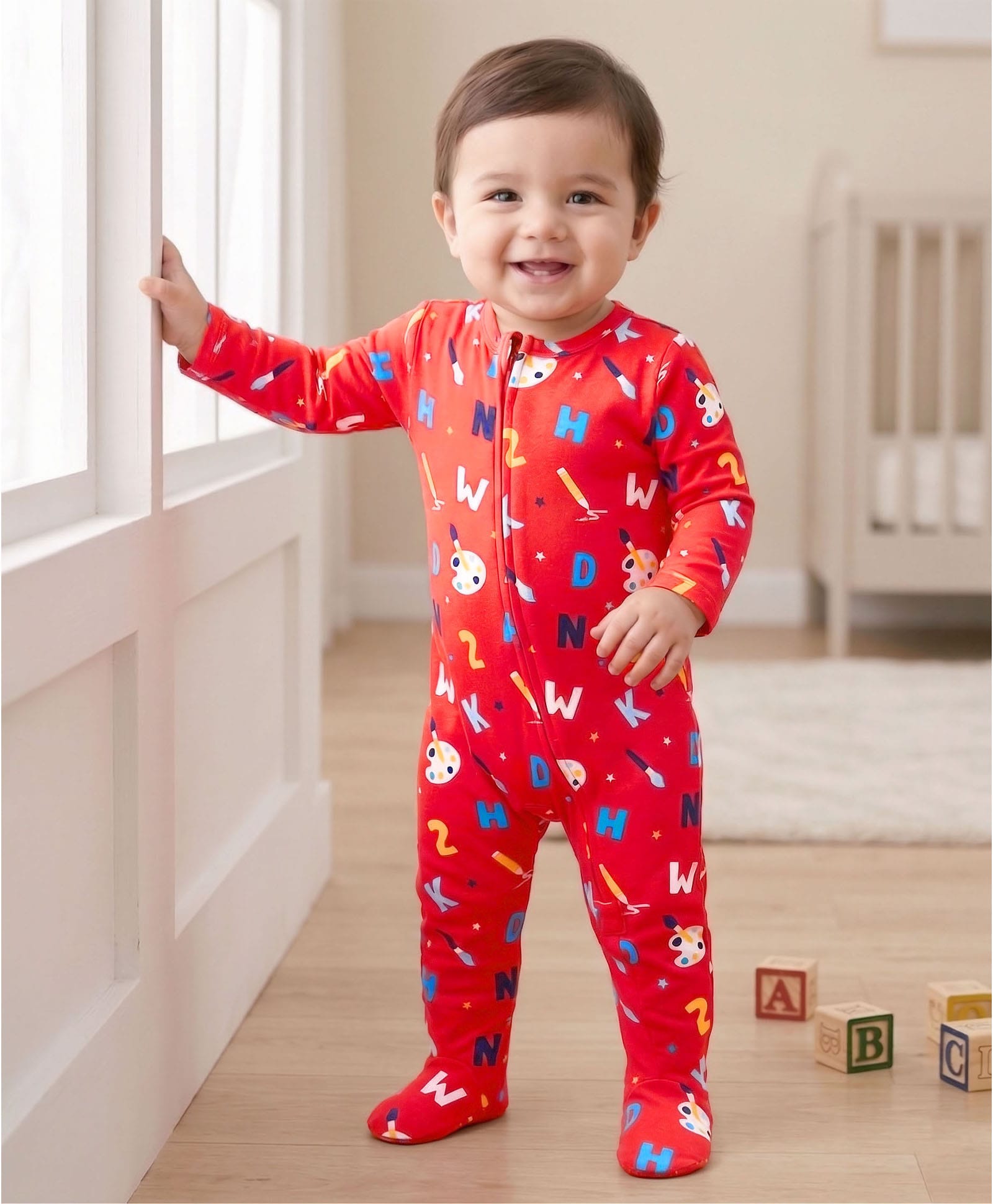 Babyhug Cotton Knit Full Sleeves Alphabet Printed Footed Front Open Sleep Suit - Red-image-23