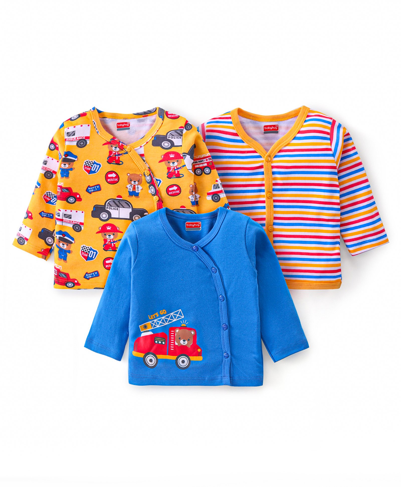 Babyhug 100% Cotton Knit Front Open Full Sleeves Jhablas  with Striped Car & Bear Print Pack of 3 - Blue & Yellow-picture-16