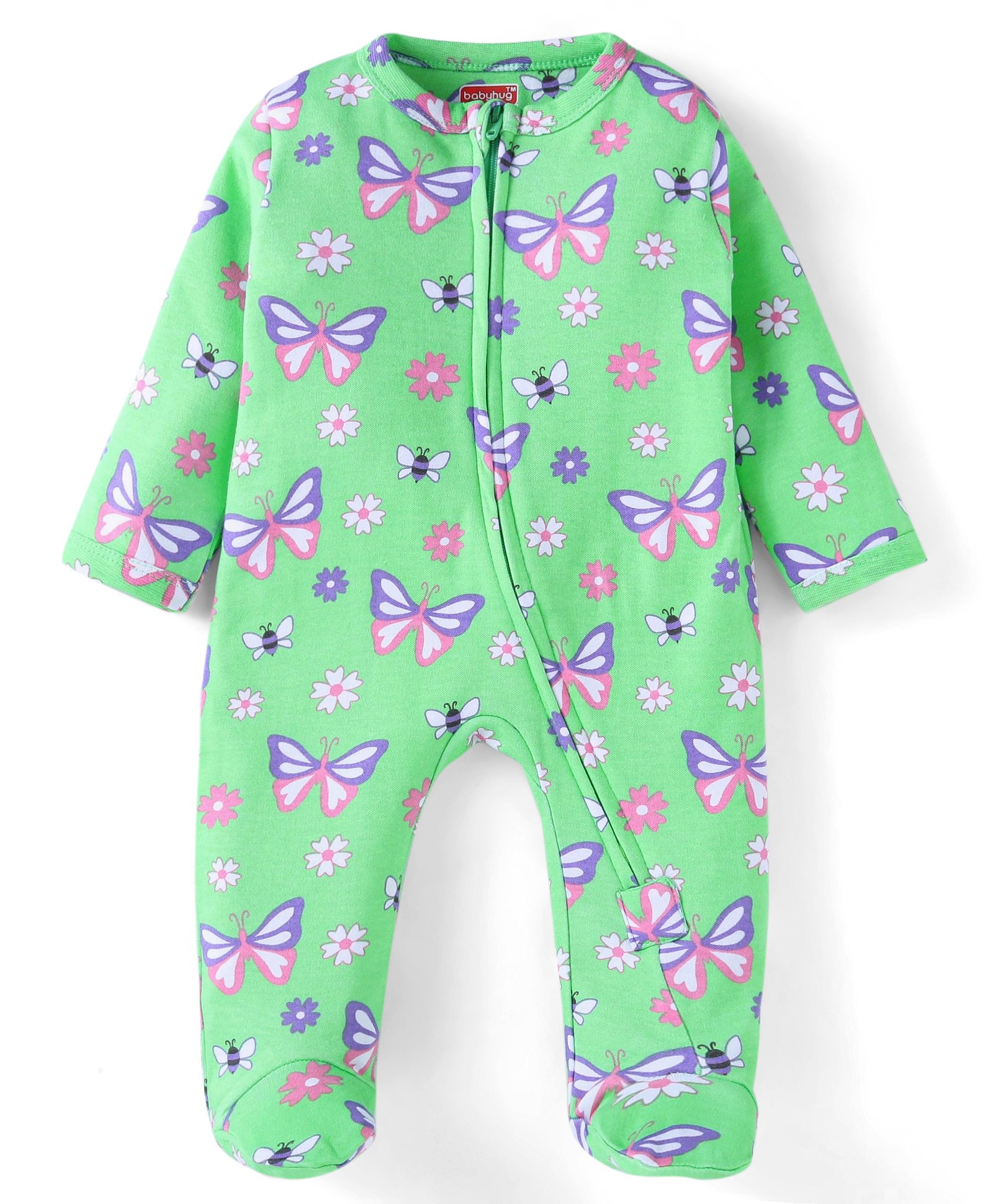 Babyhug Cotton Knit Full Sleeves Butterfly Printed Front Open Sleepsuit - Light Green-image-37