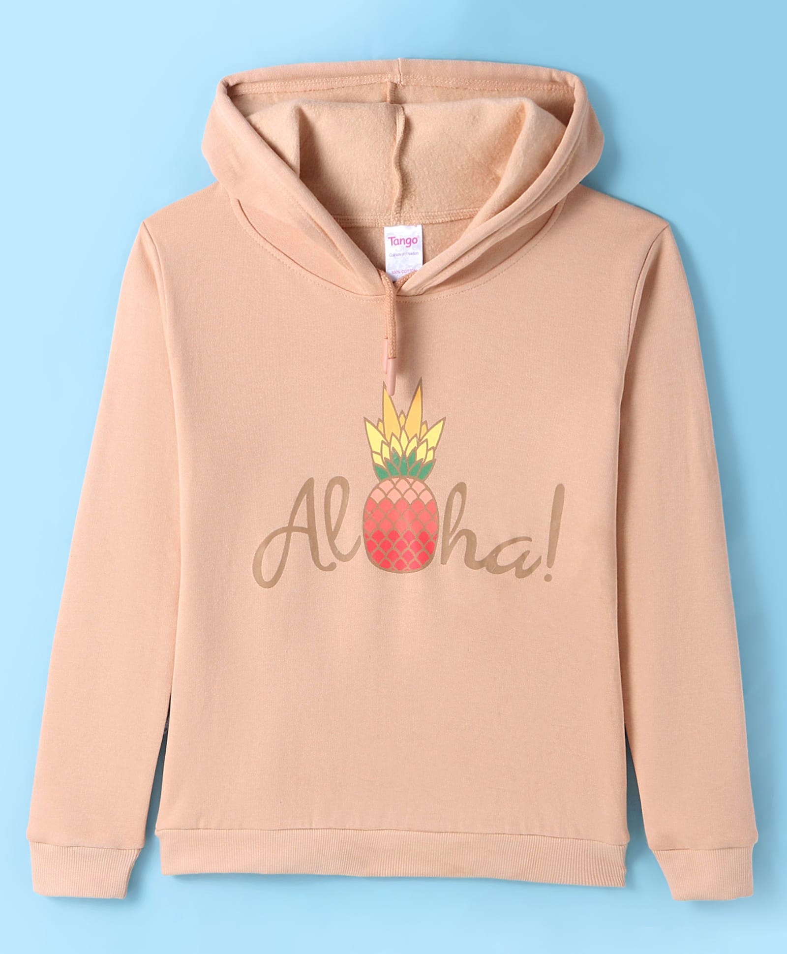 Tango Fleece Knitted Full Sleeves Hooded Sweatshirt with Text & Pineapple Print - Light Peach-picture-10