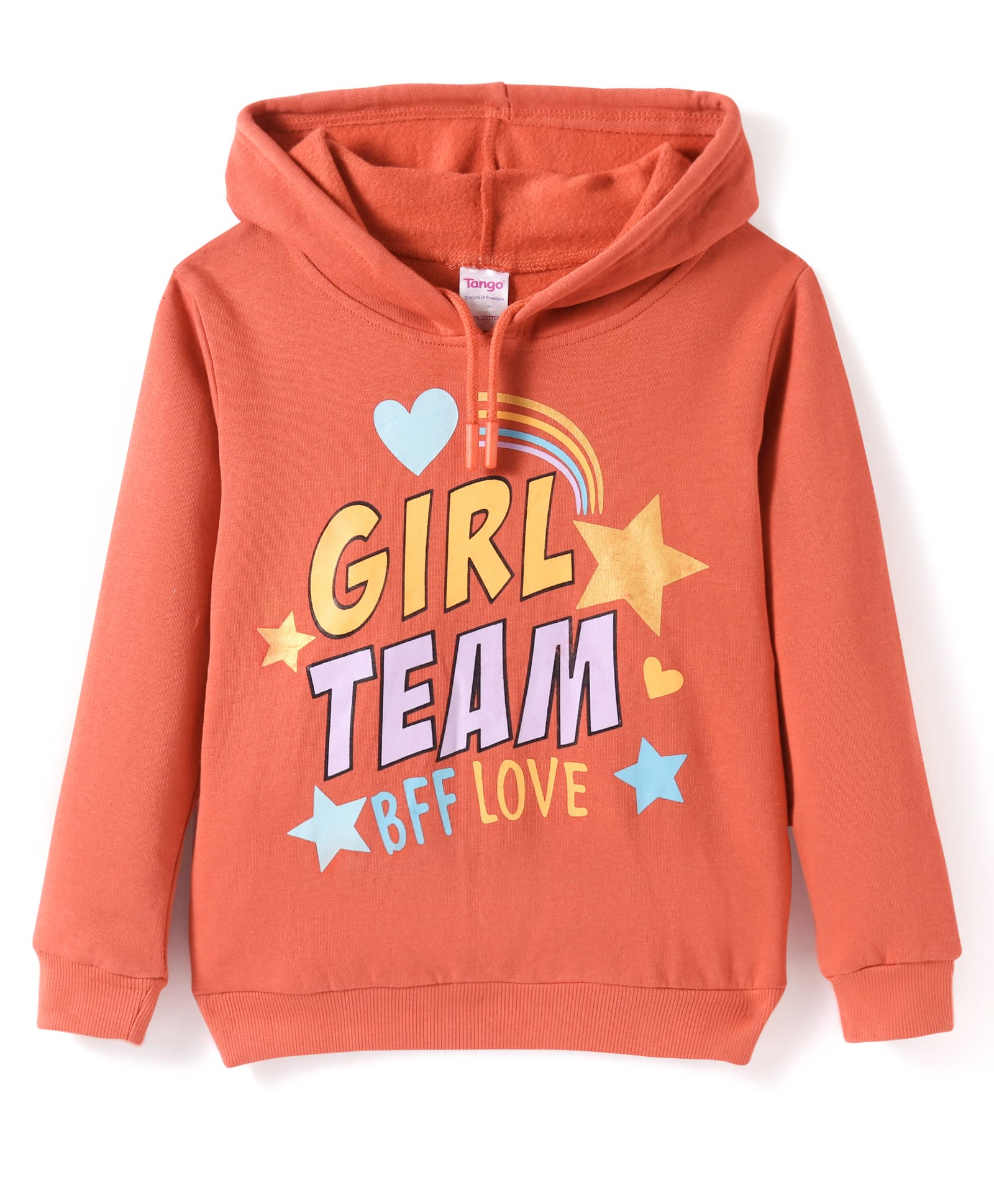 Tango Fleece Knit Full Sleeves Hooded Sweatshirt with Text Print - Rust Orange