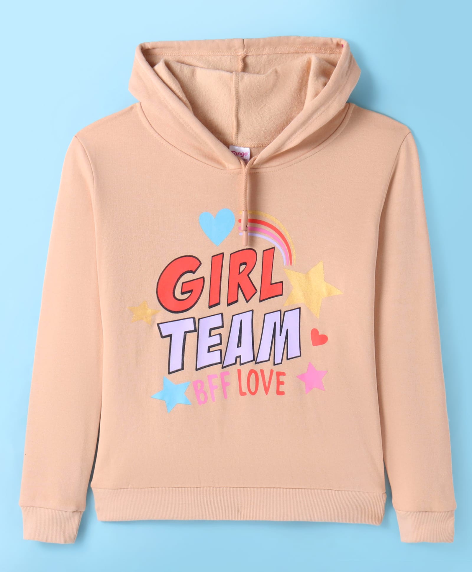 Tango Fleece Knit Full Sleeves Hooded Sweatshirt with Text Print - Light Peach-image-48