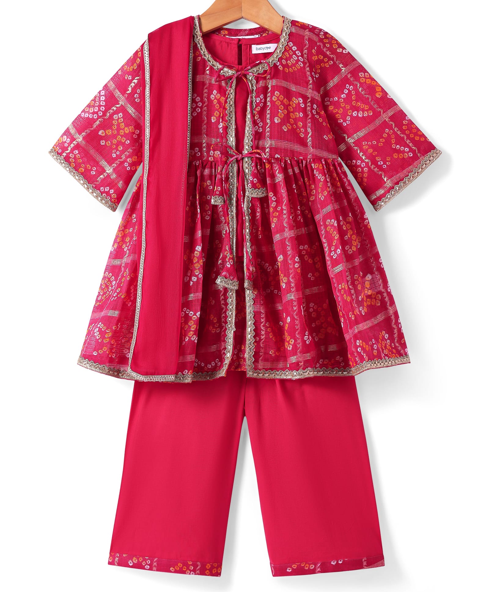 Babyoye Cotton Woven Three Fourth Sleeves Kurta & Salwar Set with Bandhani Print & Lace Detailting Dupatta - Red-picture-22