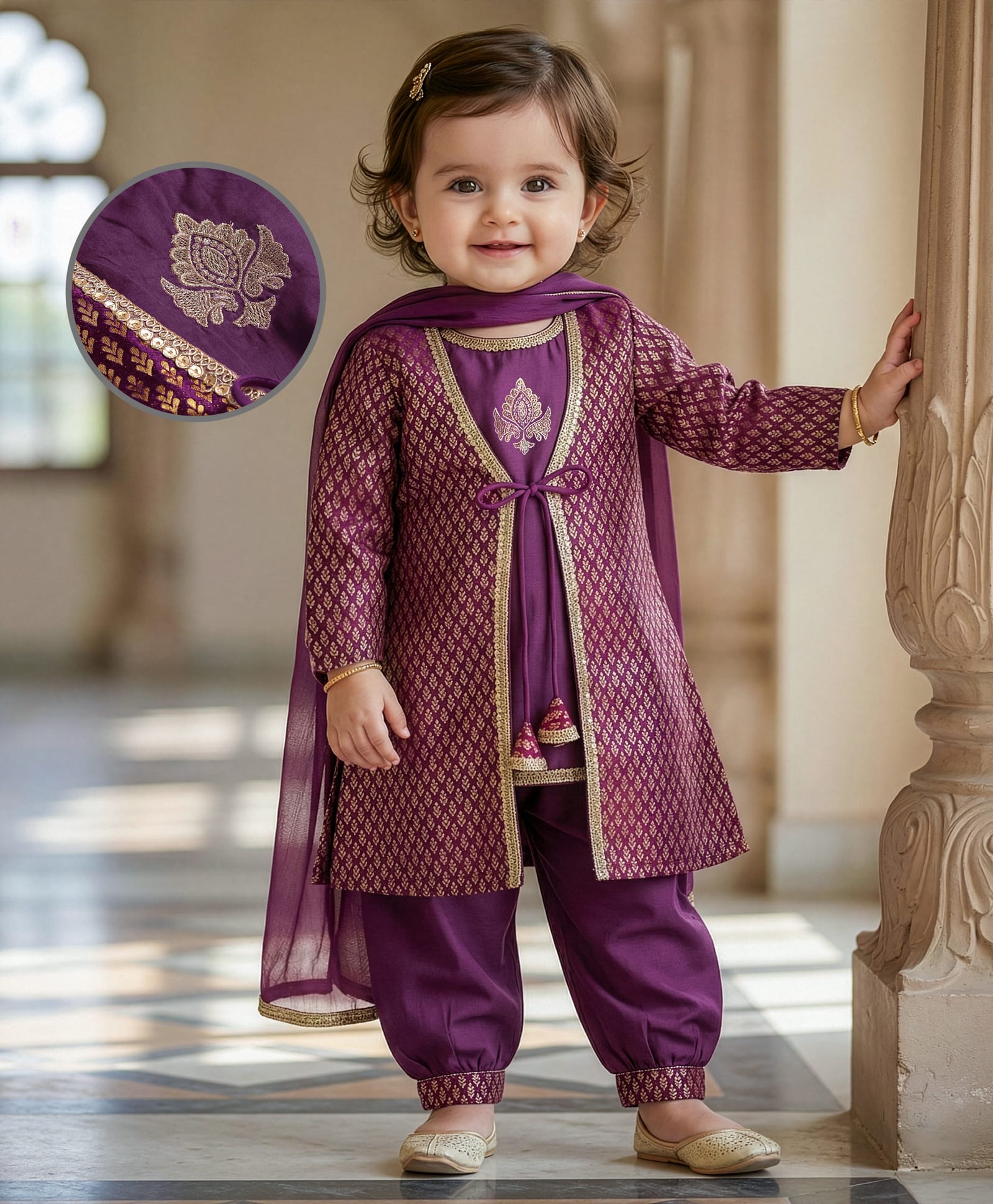 Babyoye Woven Floral Embroidered Kurti Salwar & Dupatta with Full Sleeve Foil Printed Jacket - Purple-image-18