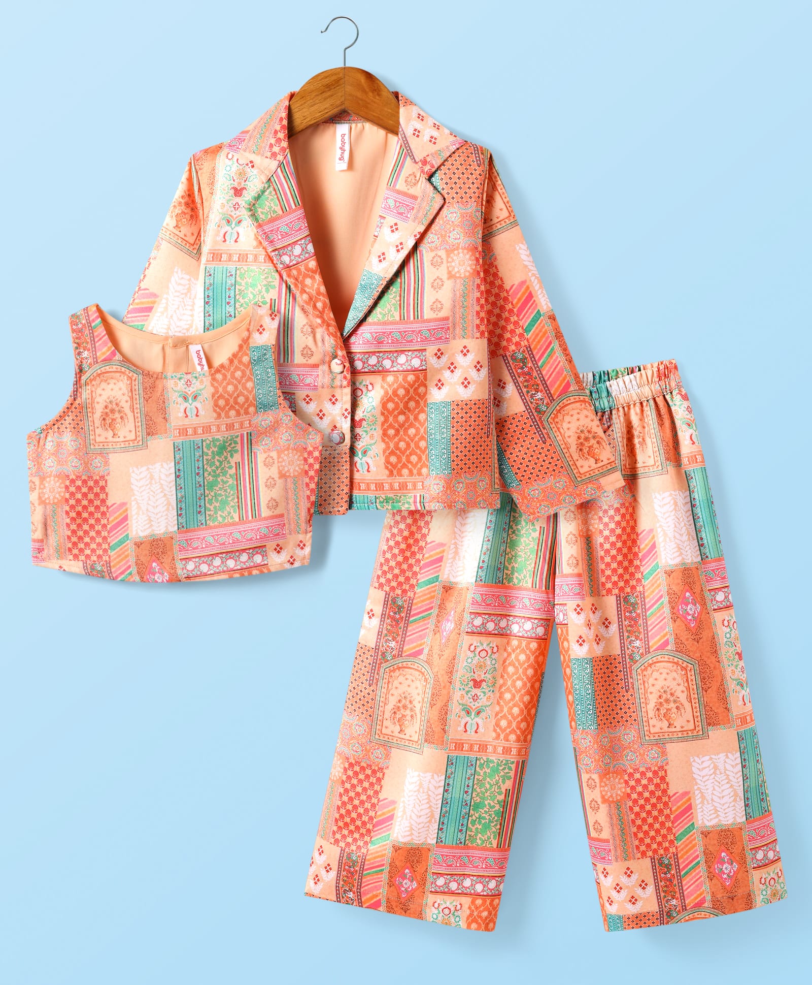 Babyhug Woven Top with Three Fourth Sleeves Printed Jacket & Palazzo - Peach-image-10