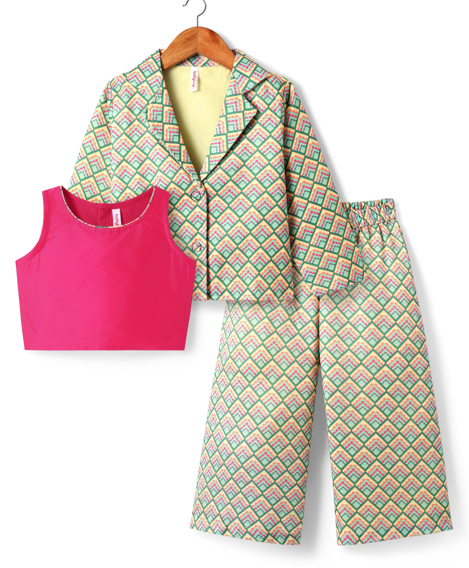 Babyhug Woven Top with Three Fourth Sleeves Printed Jacket & Palazzo - Light Green & Dark Pink-image-8