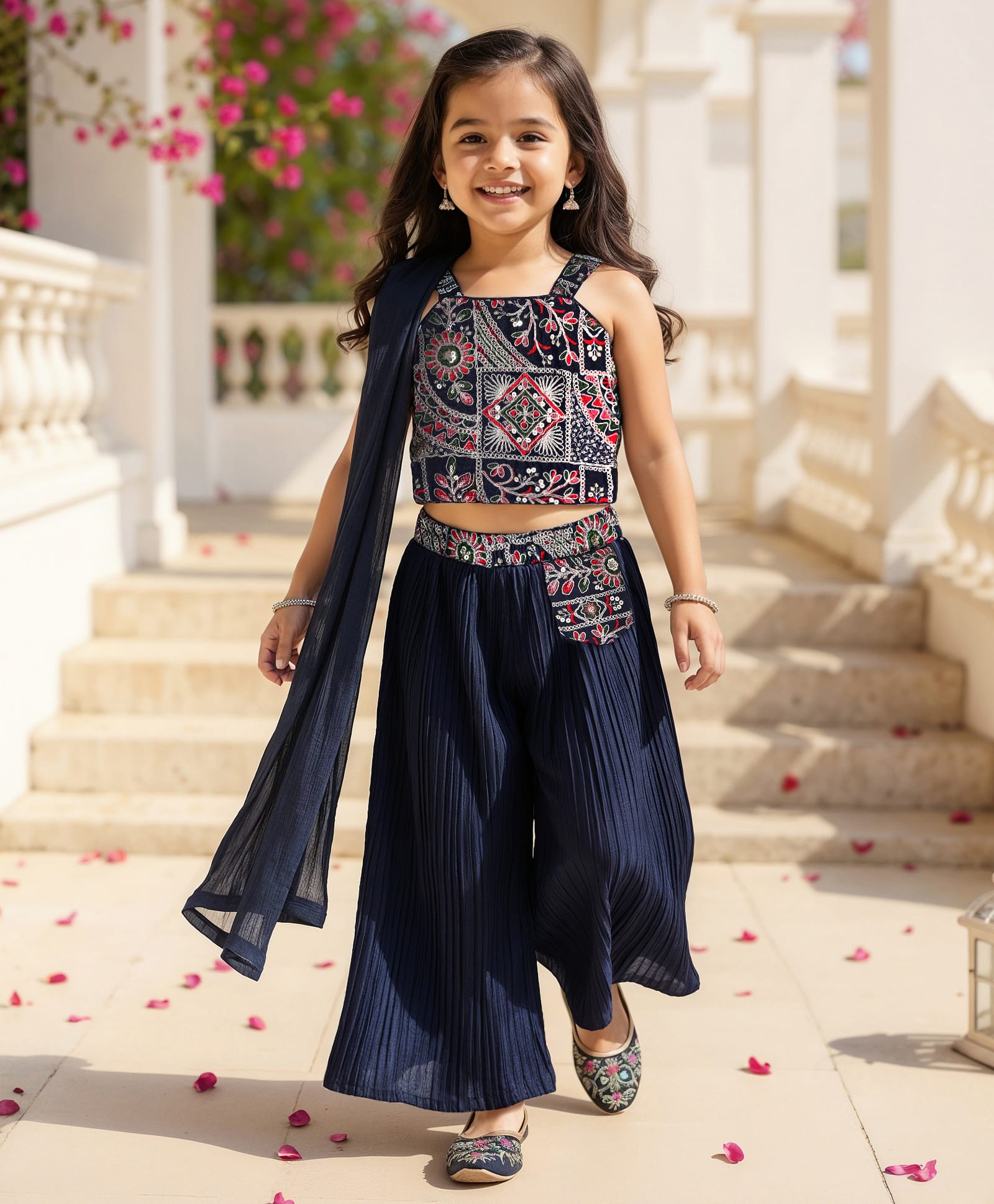 Babyhug Georgette Woven Sleeveless Floral Embroidered & Sequinned Top With Palazzo and Dupatta Set - Navy Blue-image-49